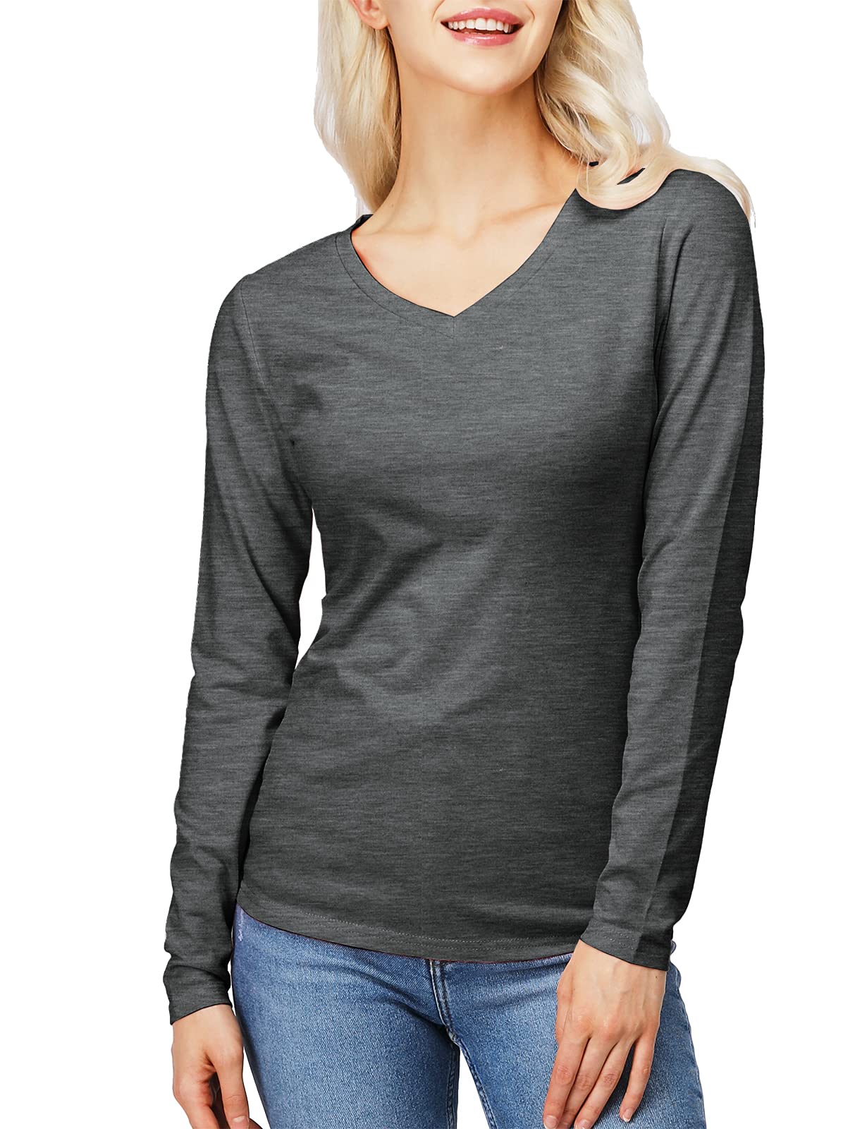 Womens Slim Fit Tshirt Cotton Blended Long Sleeve with V Neck Type
