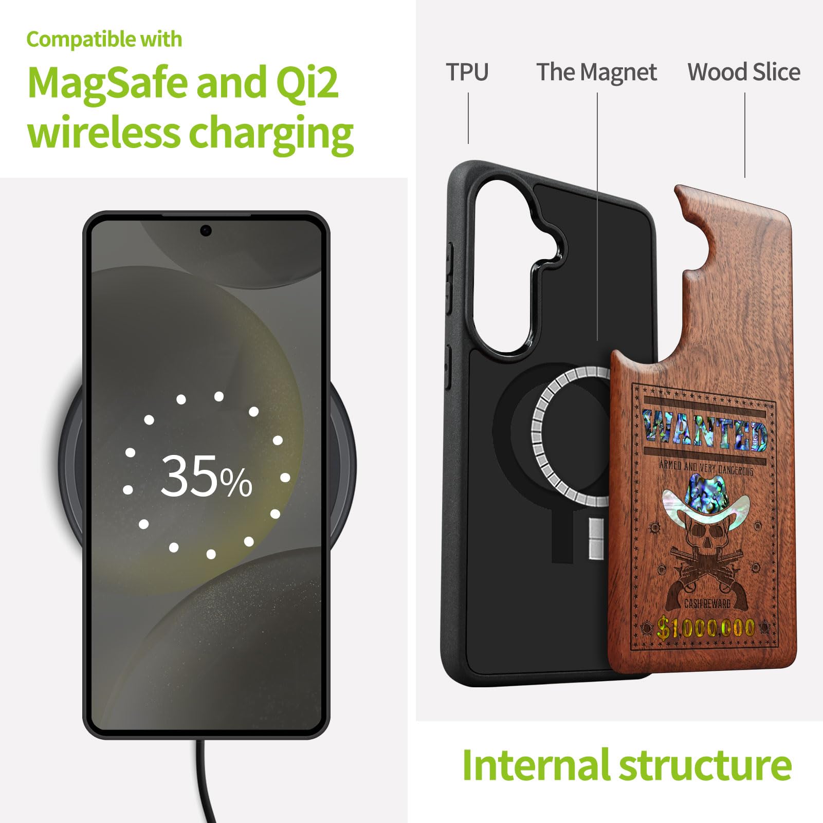 Carveit Drewniane magnetyczne etui na telefon komórkowy Samsung S26 [drewniany grawerunek i wkładka muszli] osłona zderzaka kompatybilna z Galaxy S26 Case (różowo-poszukiwana trupia czaszka)