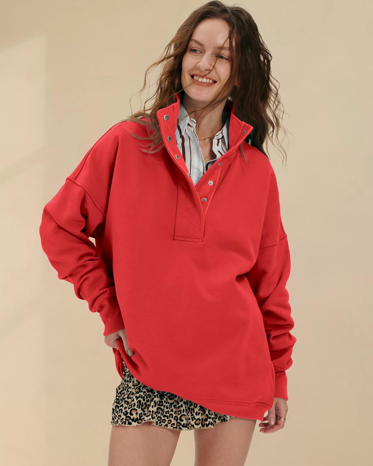 Locachy Womens Casual Button Henley Neck Cotton Oversized Sweatshirt Long Sleeve Pullover Tops Outfits - Image 5