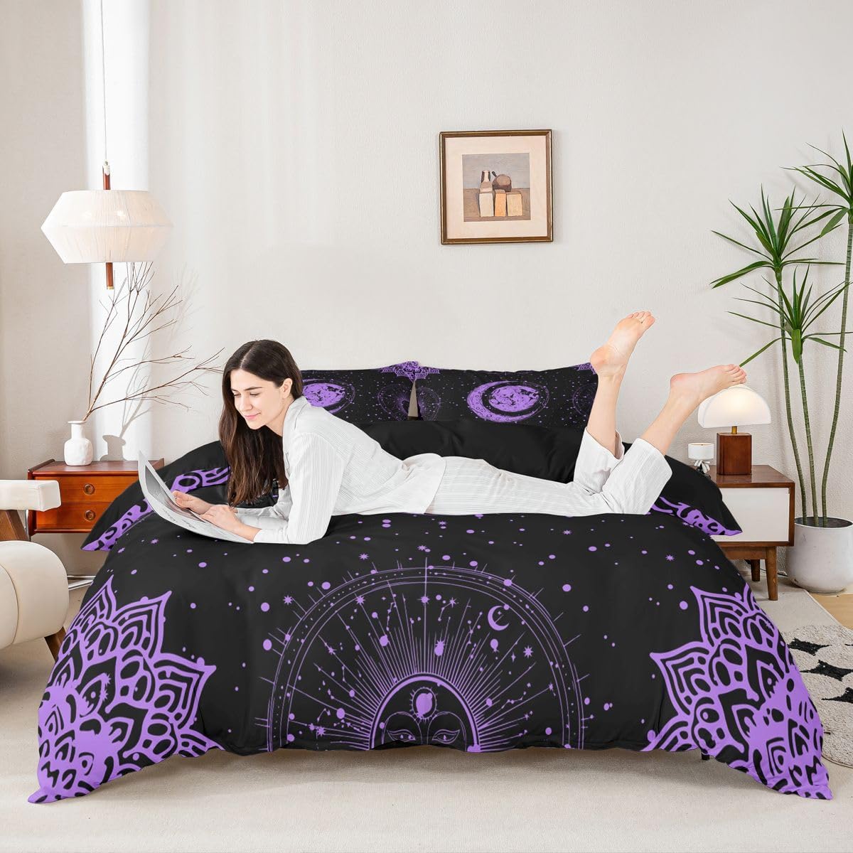 Sun and Moon Purple Bedding Set Bohemian Style Comforter Cover for Kids Boys Girls Teens Psychedelic Hippie Design Duvet Cover Breathable Galaxy Astrology Bedspread Cover Room Decor Quilt Cover King