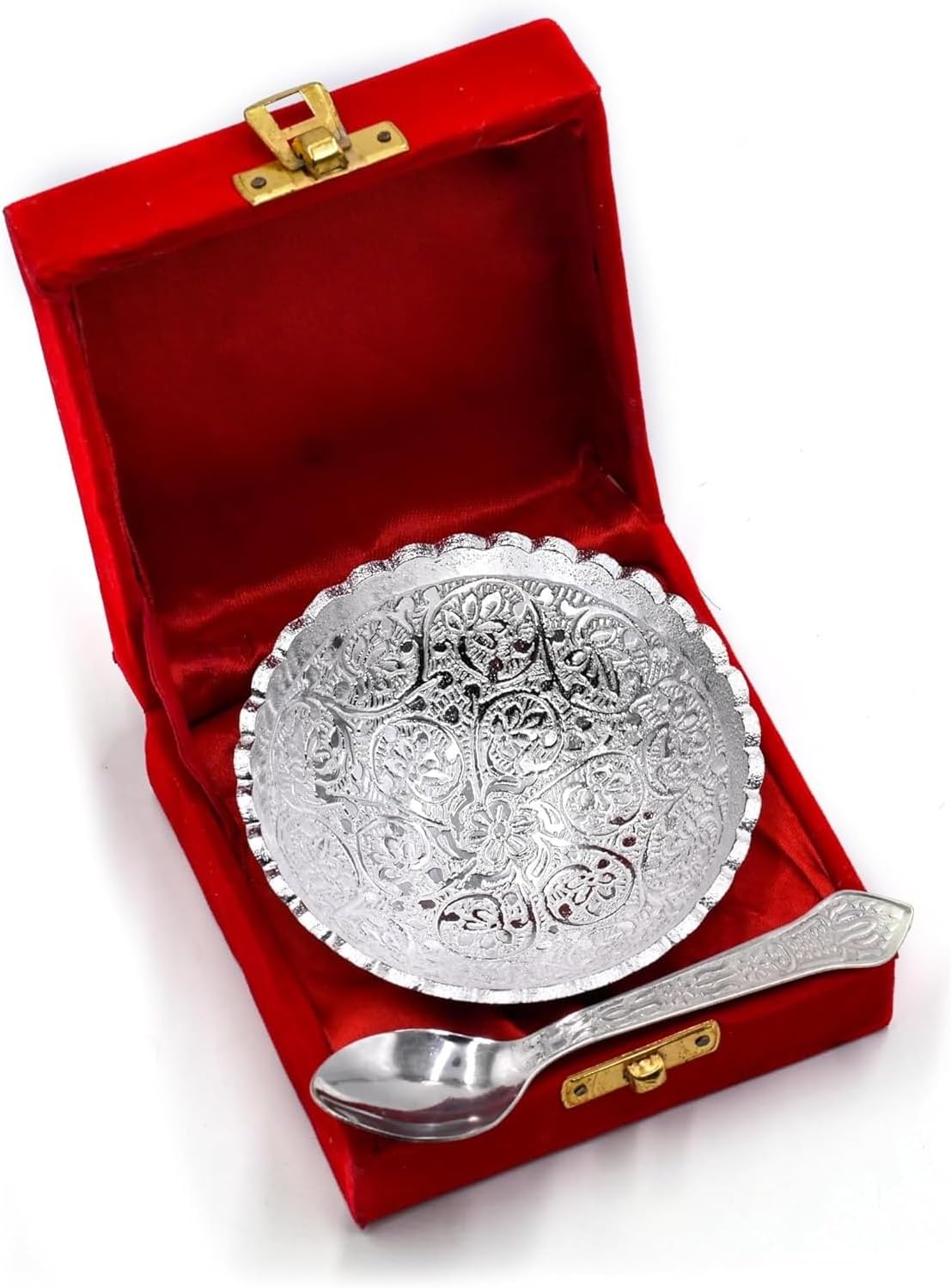 NOBILITY Bowl Spoon Set Silver Plated Light Weight with Red Velvet Box Friends Family Corporate Gift Items Dessert Dry Fruits Serving Diwali Christmas Eid Wedding Return Home Decoration Gifts