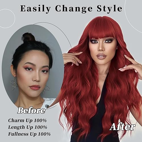 Miniatura 4 de Lativ Peluca roja con flequillo, pelucas rojas largas para mujer, 26 pulgadas, cabello rizado y ondulado, aspecto natural, peluca de fibra