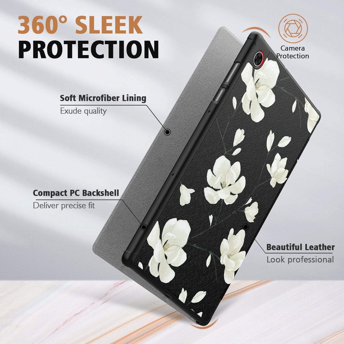 MoKo Case for Lenovo Tab M10 HD(2nd Gen TB-X306F/TB-X306X 10.1" 2020, PU Slim Shell Shockproof Back Trifold Stand Cover Case with Auto Wake for Lenovo Smart Tab M10 HD 2nd Gen, Black & White Magnolia