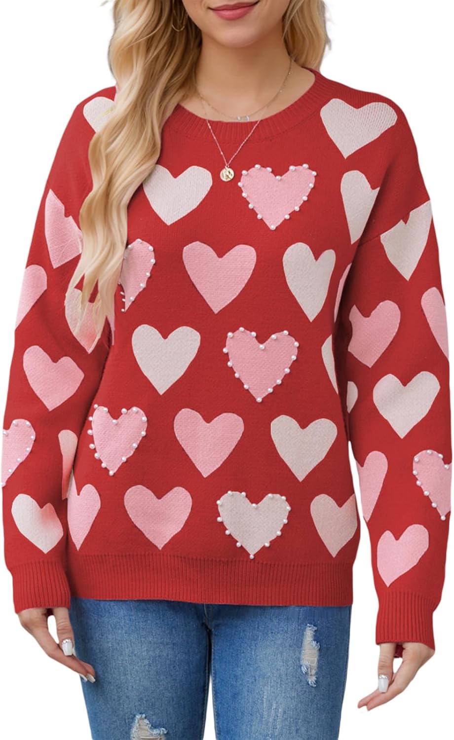 Women Pearl Sweater Love Heart Graphic Knitted Sweatshirts Cute Oversized Pullover Shirts