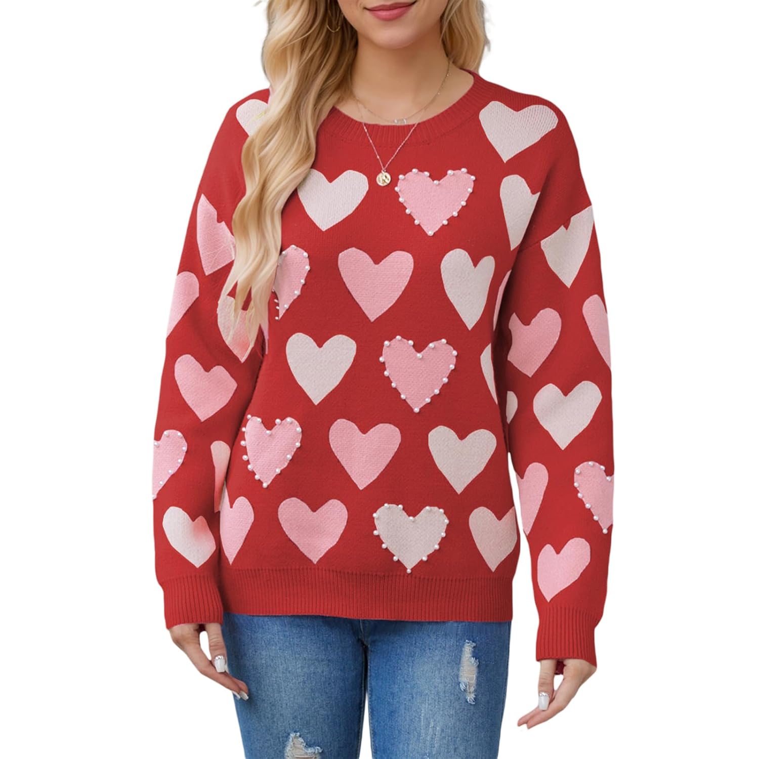 Pearl Sweater for Women Love Heart Graphic Knitted Sweatshirts Cute Oversized Pullover Shirts