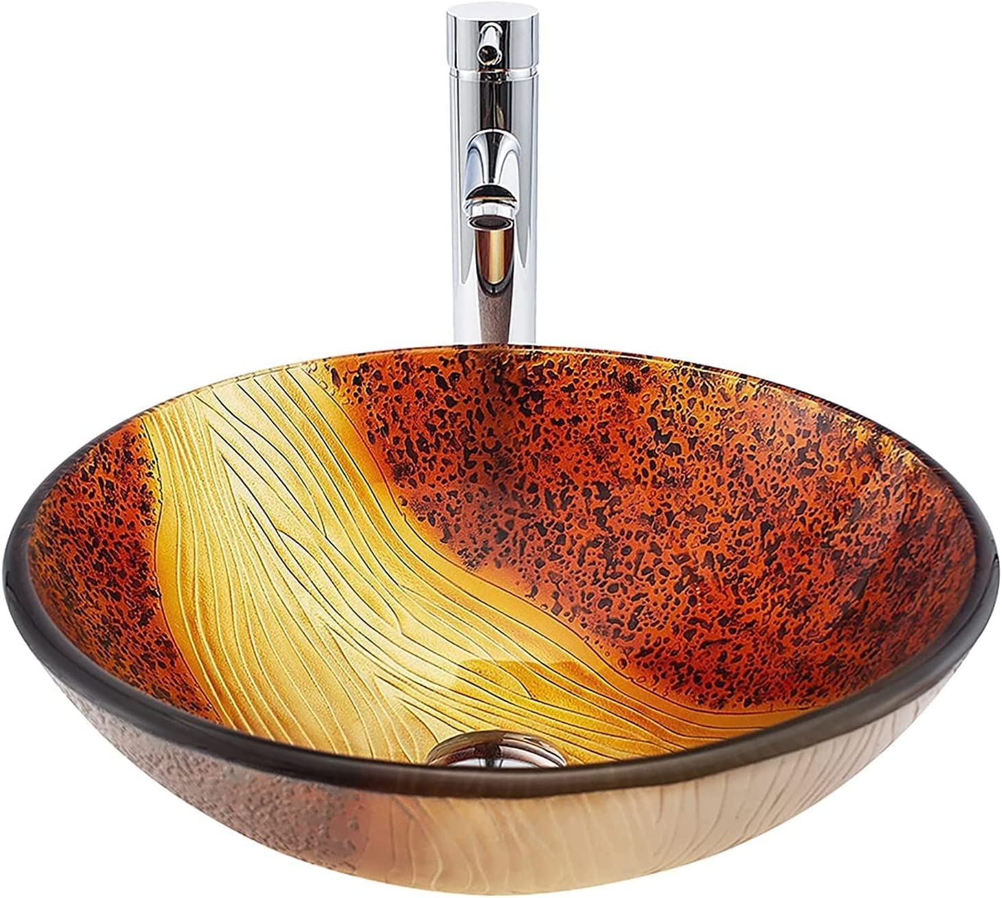 WOTZOV Sink Tempered Countertop Sink Round Handmade Art Countertop Wash Bowl Hand Wash Basin With Faucet,Drainer,Thickness 12Cm,