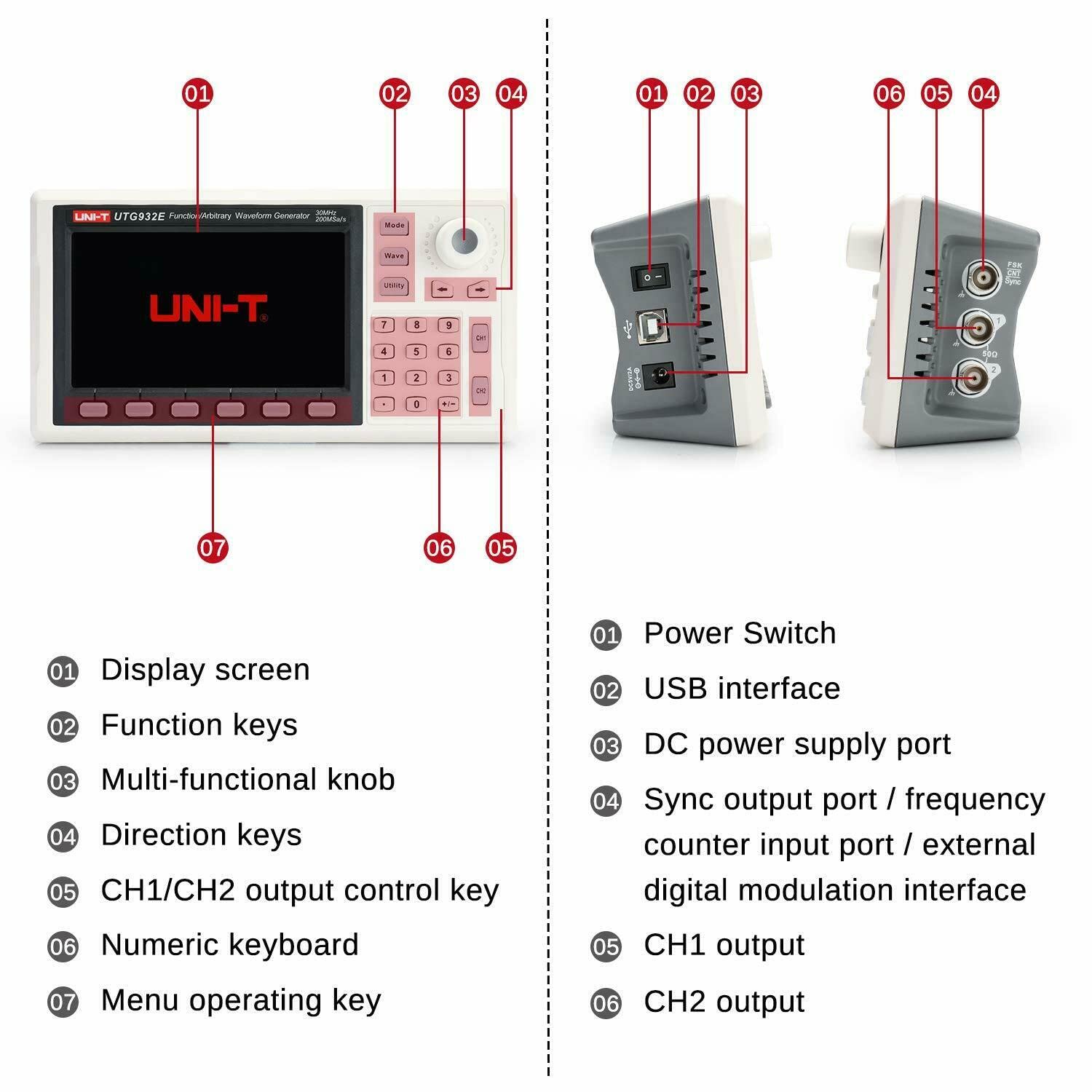 UNI-T 30 MHz Generatore di funzioni, UTG932E arbitrario di forma d'onda, 2 canali, 200MSa/s, risoluzione verticale a 14 bit, (EU Plug) Shop in Germania,3 anni di garanzia