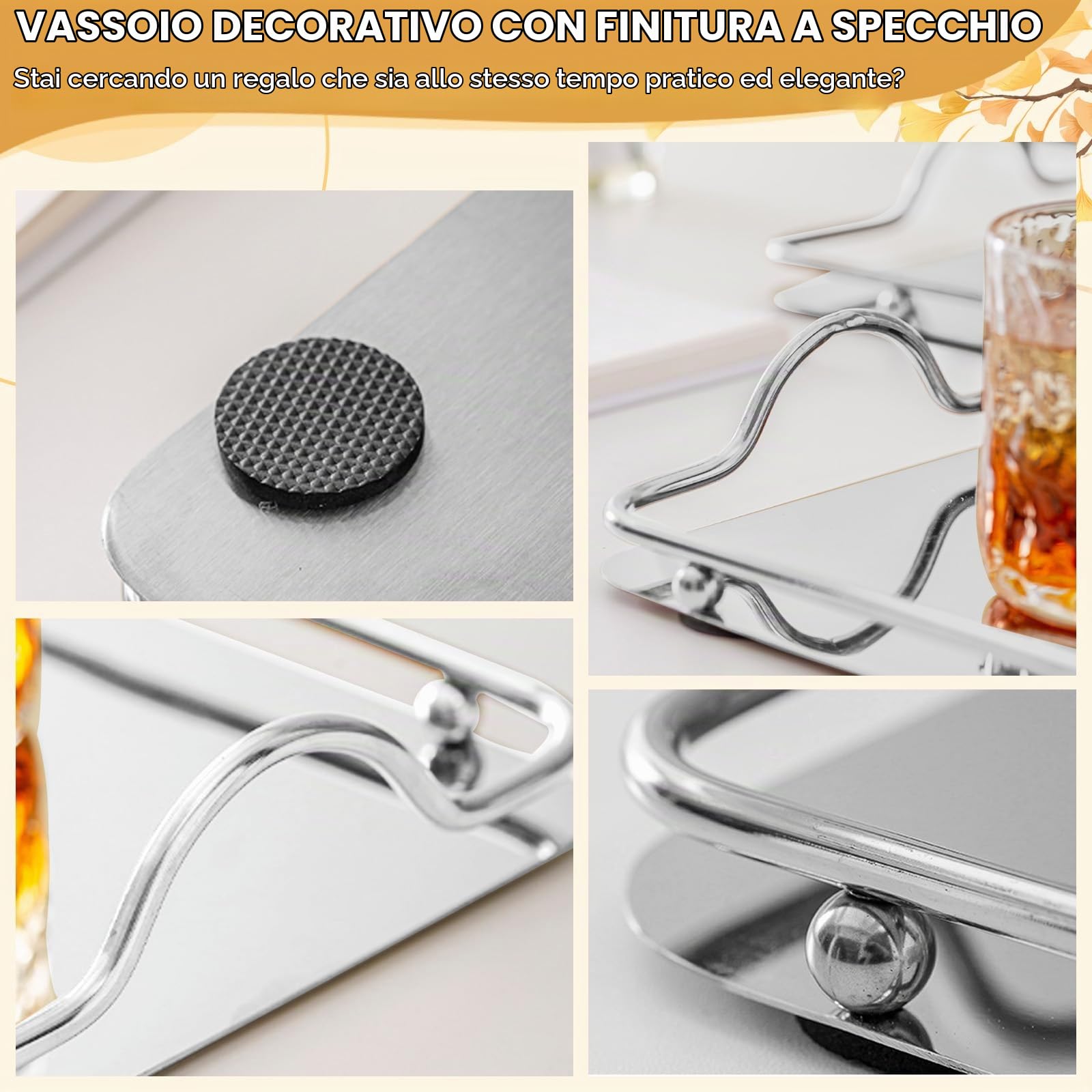 Vassoio da Portata in Acciaio Inossidabile con Manico, Vassoio da Tè Rettangolare Piatto da Tavola Decorativo Centrotavola per Cena Caffè Dessert Frutta Cibo Candela