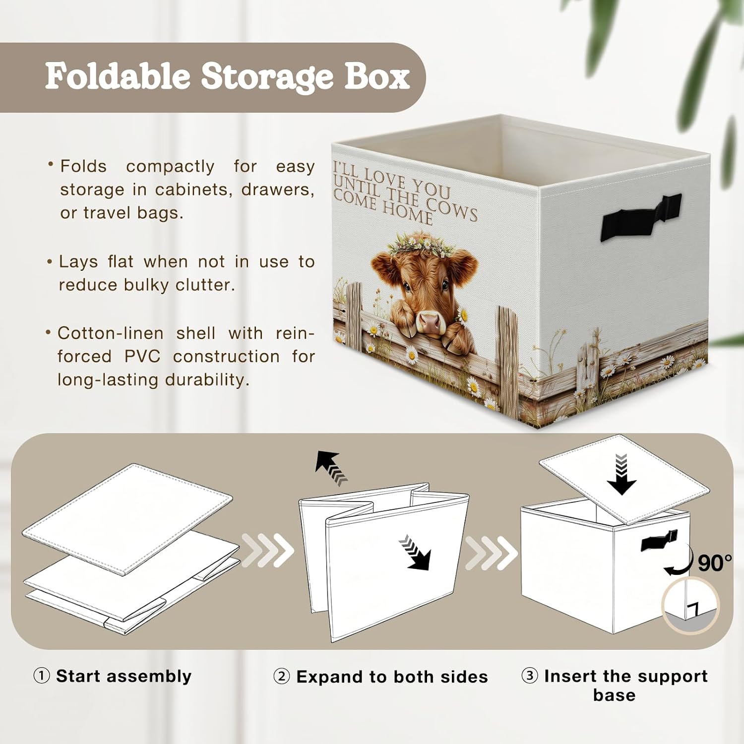 Rustic Highland Cow Storage Bins Box, I Will Love You Till the Cows Come Home Farmhouse Collapsible Organizer Basket for Bedroom Laundry Room Kids Nursery Clothes Toys Books, Highland Cow Gifts