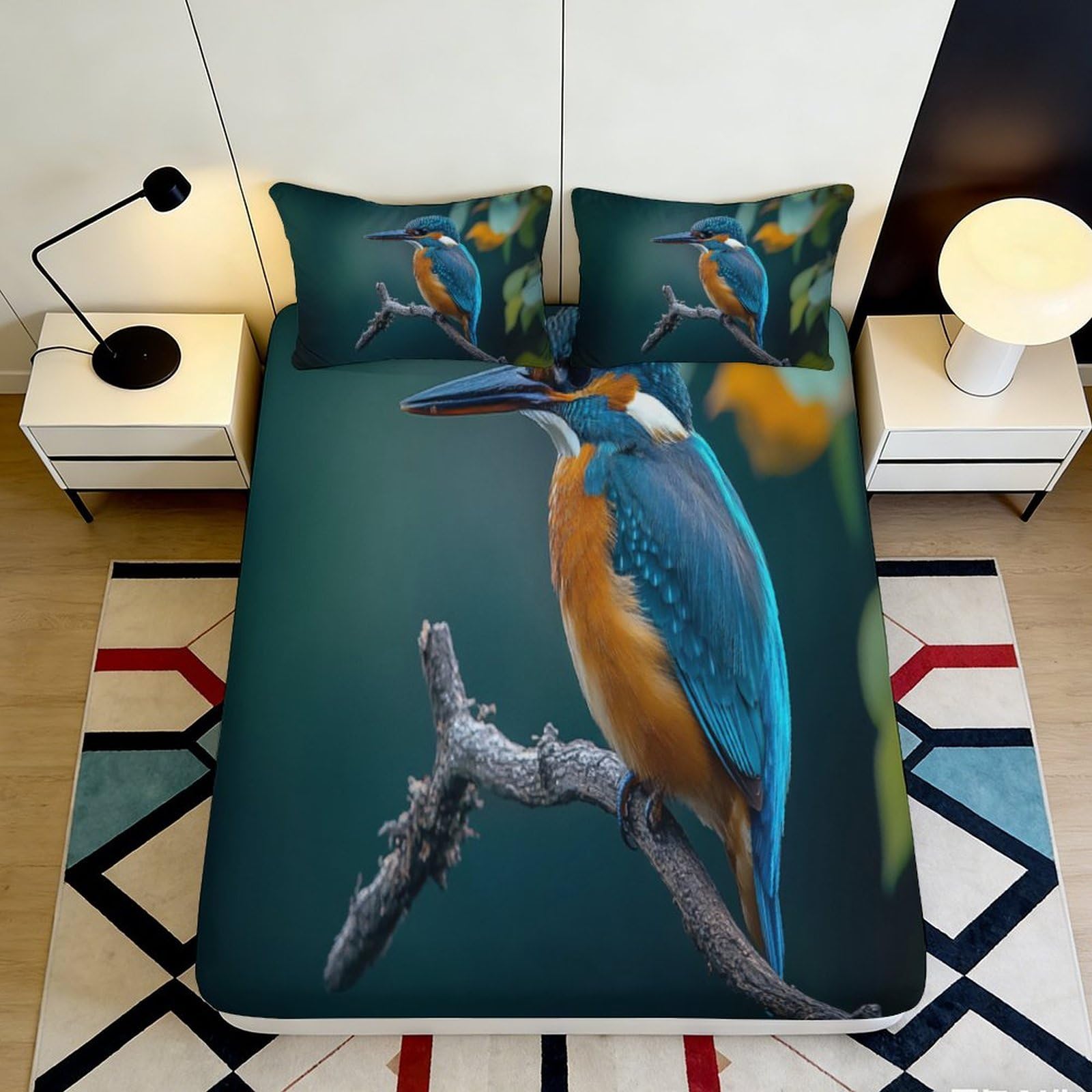 3D Printed Kingfisher Bird Fitted Sheet Microfiber Soft Breathable Blue Orange Nature Pattern Bed Cover for Bedroom Dormitory Guest Room Mattress Protection 180x200x25cm