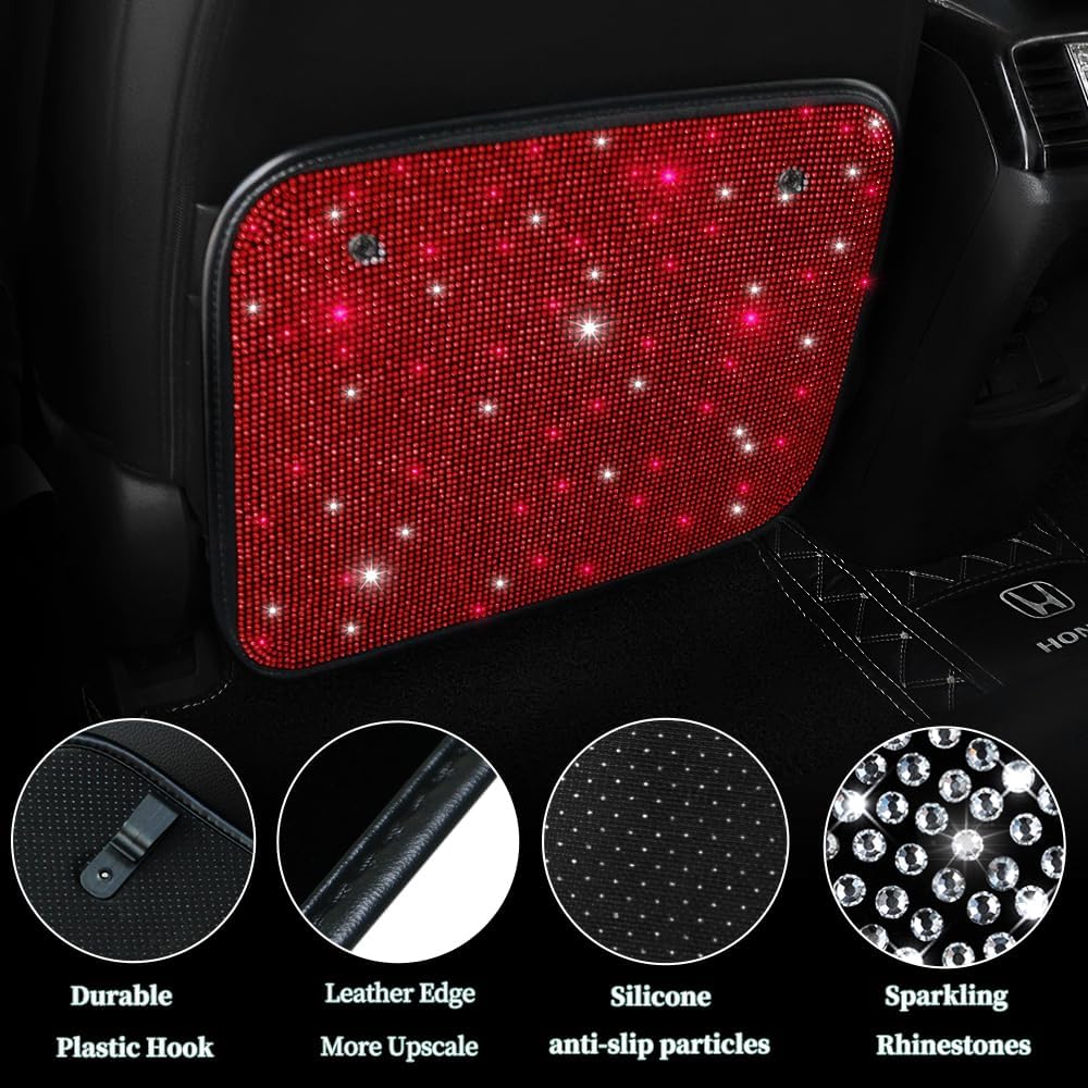 Sparkling Diamond Auto Kick Mats Back Seat Protector Cute Kick Mats Protect from Dirt Mud Seat Back Protector with Bling Crystal Rhinestone Car Interior Decor Accessories Red 2Pcs