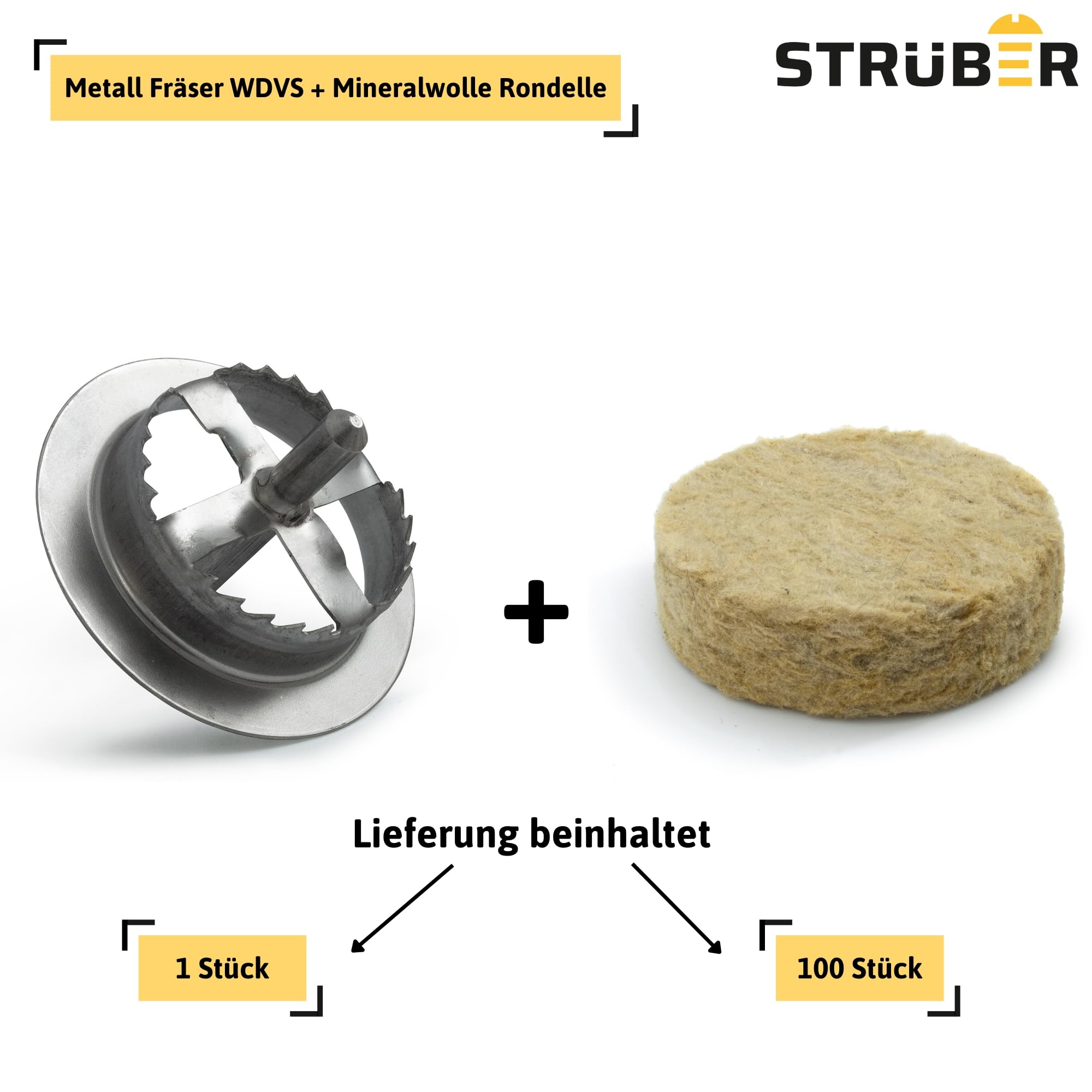 STRÜBER WDVS SET Mineralwolle Rondelle 100 Stk. + Metall Fräser 1 Stk. | Fassadendämmung, Wärmedämmung, Mineralwollscheiben, Abdeckkappen, Fräse