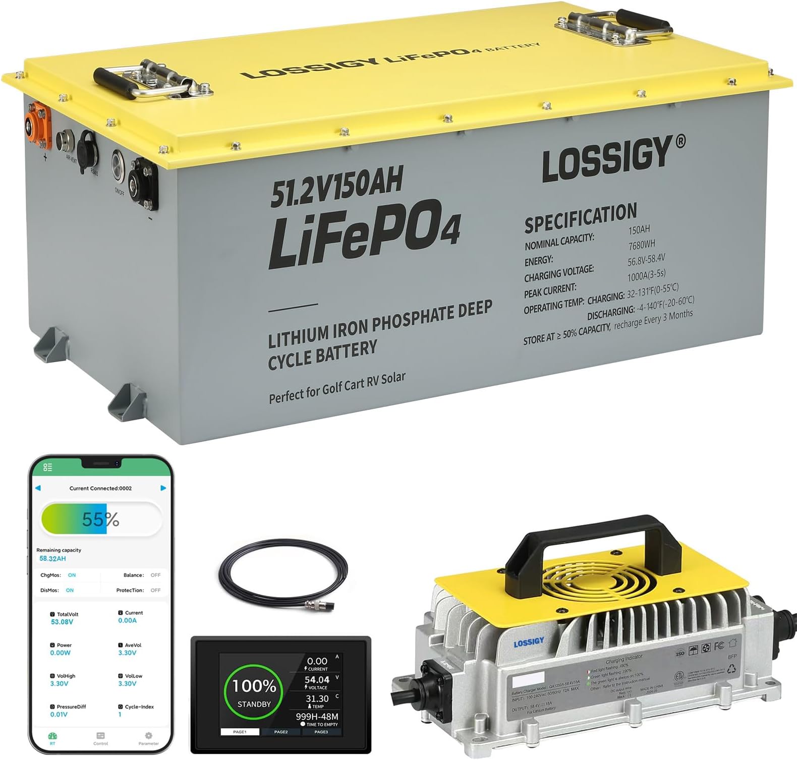 LOSSIGY Metal Case 48 Volt Lithium Golf Cart Battery, 48V Metal Case Battery Conversion Kit with Charger&LCD Monitor, Built in 200A Bluetooth BMS, Peak Current 1000A(3-5s), Prefect for RV Solar System