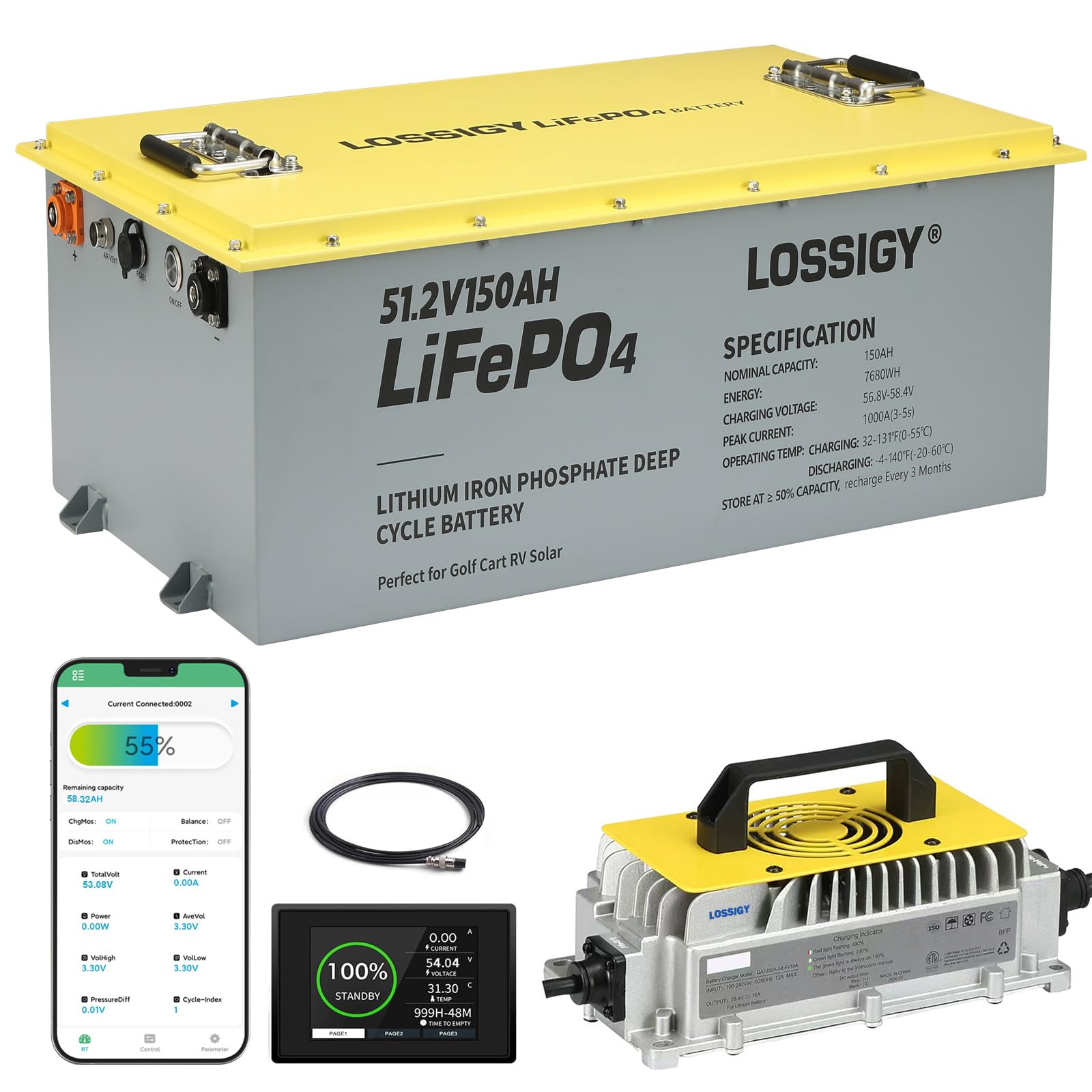 LOSSIGY Metal Case 48 Volt Lithium Golf Cart Battery, 48V Metal Case Battery Conversion Kit with Charger&LCD Monitor, Built in 200A Bluetooth BMS, Peak Current 1000A(3-5s), Prefect for RV Solar System