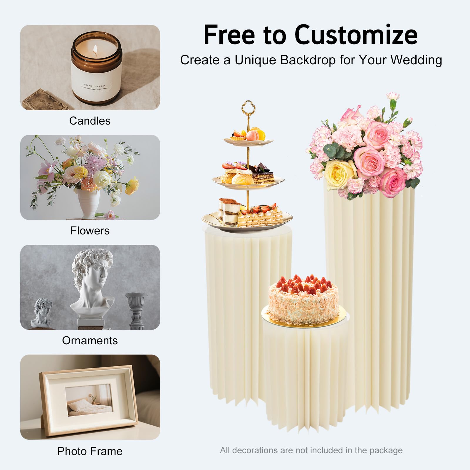3pcs Faltbare Karton Centerpiece Display, Zylinder Blumenständer Säulen Set, Hochzeit Deko Honeycomb, 30/60/80cm, Wiederverwendbar, Garten Party, Milchweiß, Leicht Aufzubauen