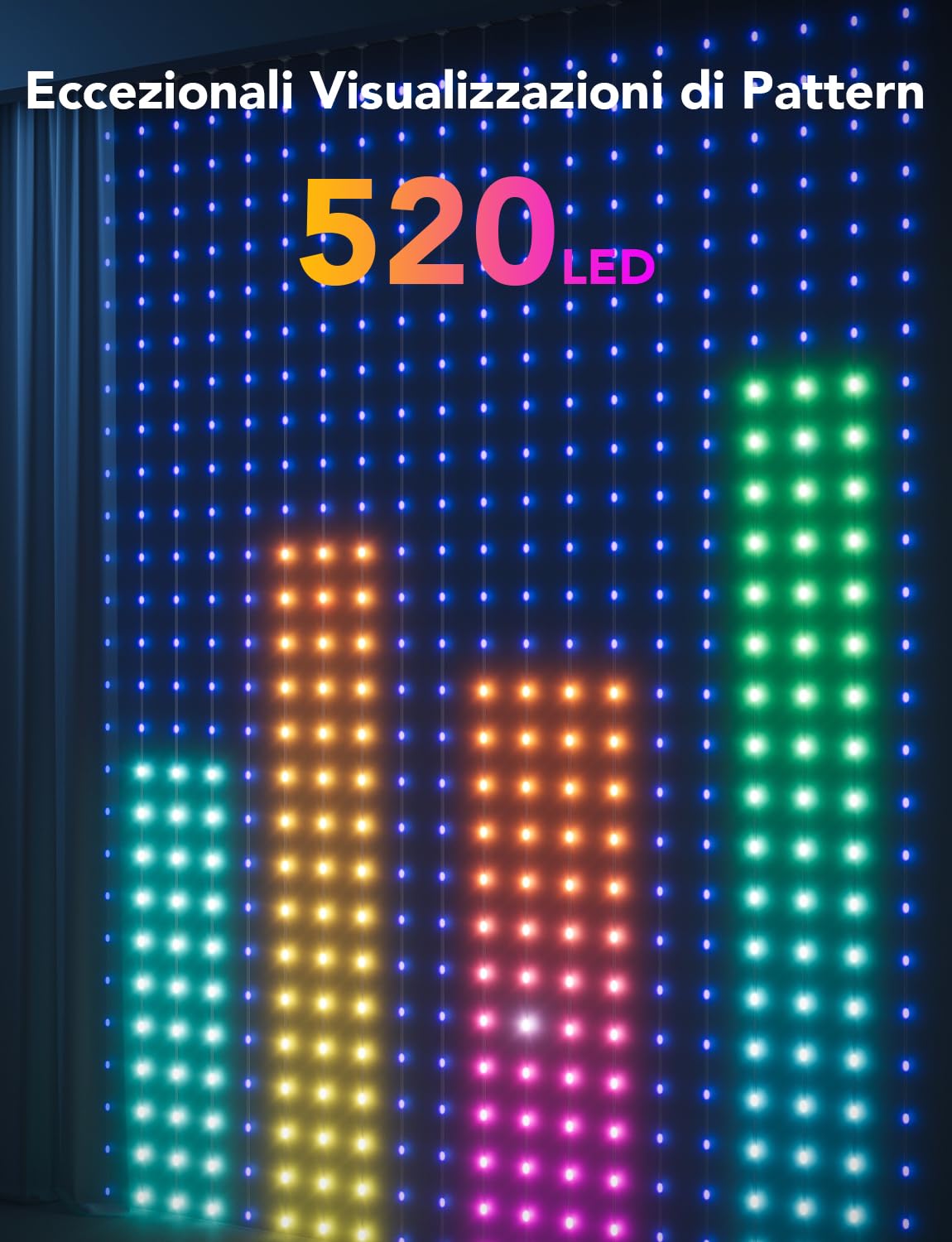 Govee Curtain Lights, 520 LEDs RGBIC, Luci per Tende LED WiFi Intelligenti all'Aperto, Luci Dinamiche per il Fai-da-te, IP65 Impermeabile, per Natale Decorazioni (1,5×2 m)