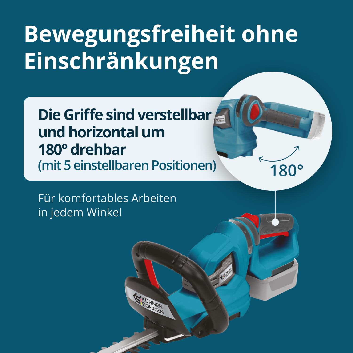 Akku-Heckenschere KS HT-20V, Nennspannung 20 V, Leerlaufgeschwindigkeit 1550 Hübe pro Minute, Schnittlänge 22” (55 cm), Maximaler Schnittdurchmesser 16 mm
