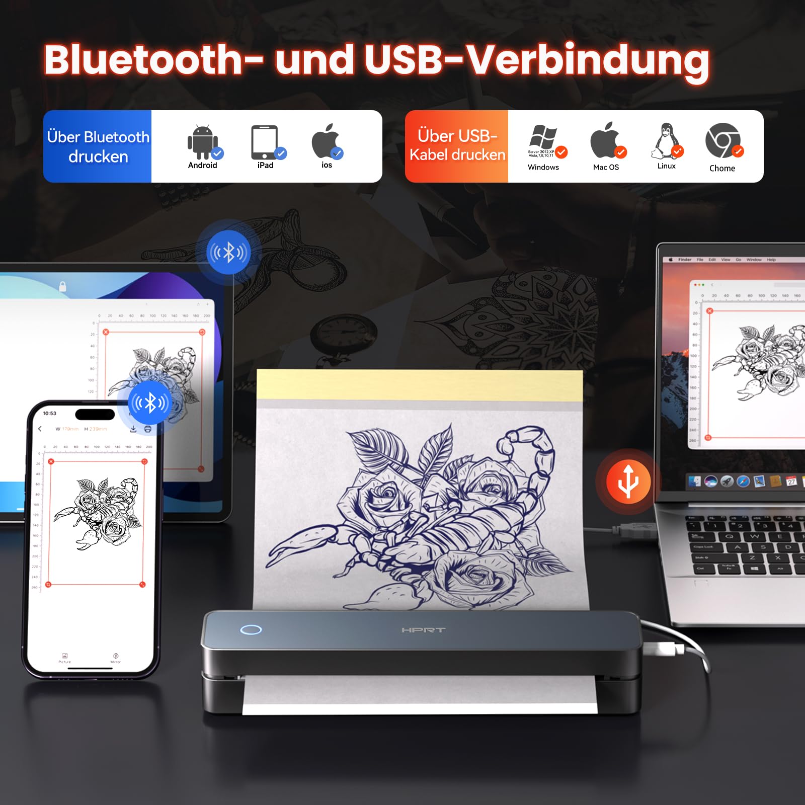 HPRT Tragbarer Bluetooth-Thermo-Tattoo-Aufkleber – Kabelloser Tattoo-Schablonendrucker mit 10 Blatt Druckpapier, DIY-Temporär-Tattoos für Tätowierer und Anfänger, wiederaufladbar über USB