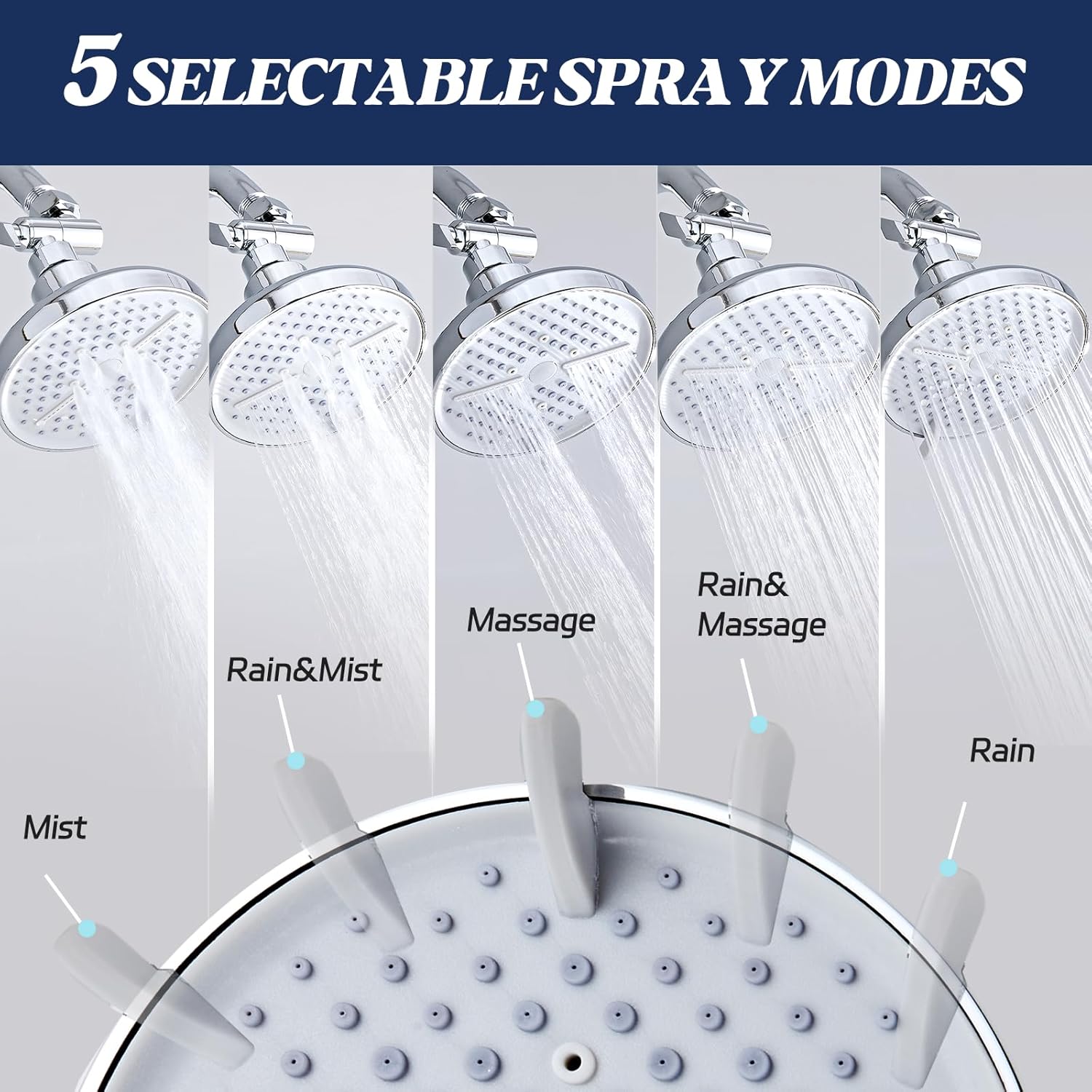 Shower Head High Pressure Rain, Fixed Showerhead 5-Setting with Adjustable Metal Swivel Ball Joint, Luxury Shower Heads Anti-Clogging Silicone Nozzles (Polished Chrome, 6 Inch Round)