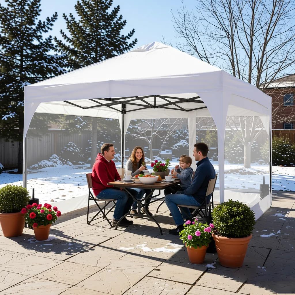 10x10 FT Pop Up Canopy with 4 Clear PVC Sidewalls, Instant 1-Button Push Canopy Tent for Outdoor Activities & Events