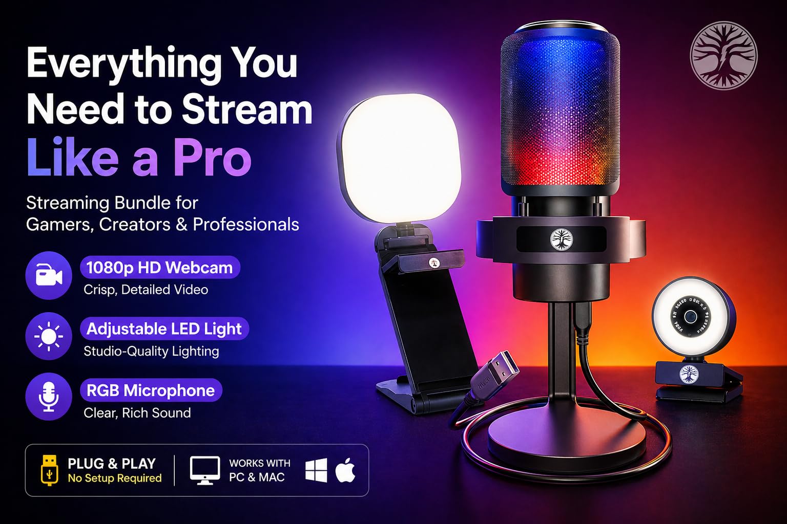Kit de streaming vidéo en direct, comprend une webcam 1080p 30 fps et un microphone USB RVB, une lumière LED réglable pour Twitch, YouTube, Podcast et WFH. Pour PC, Mac, Windows et ordinateurs