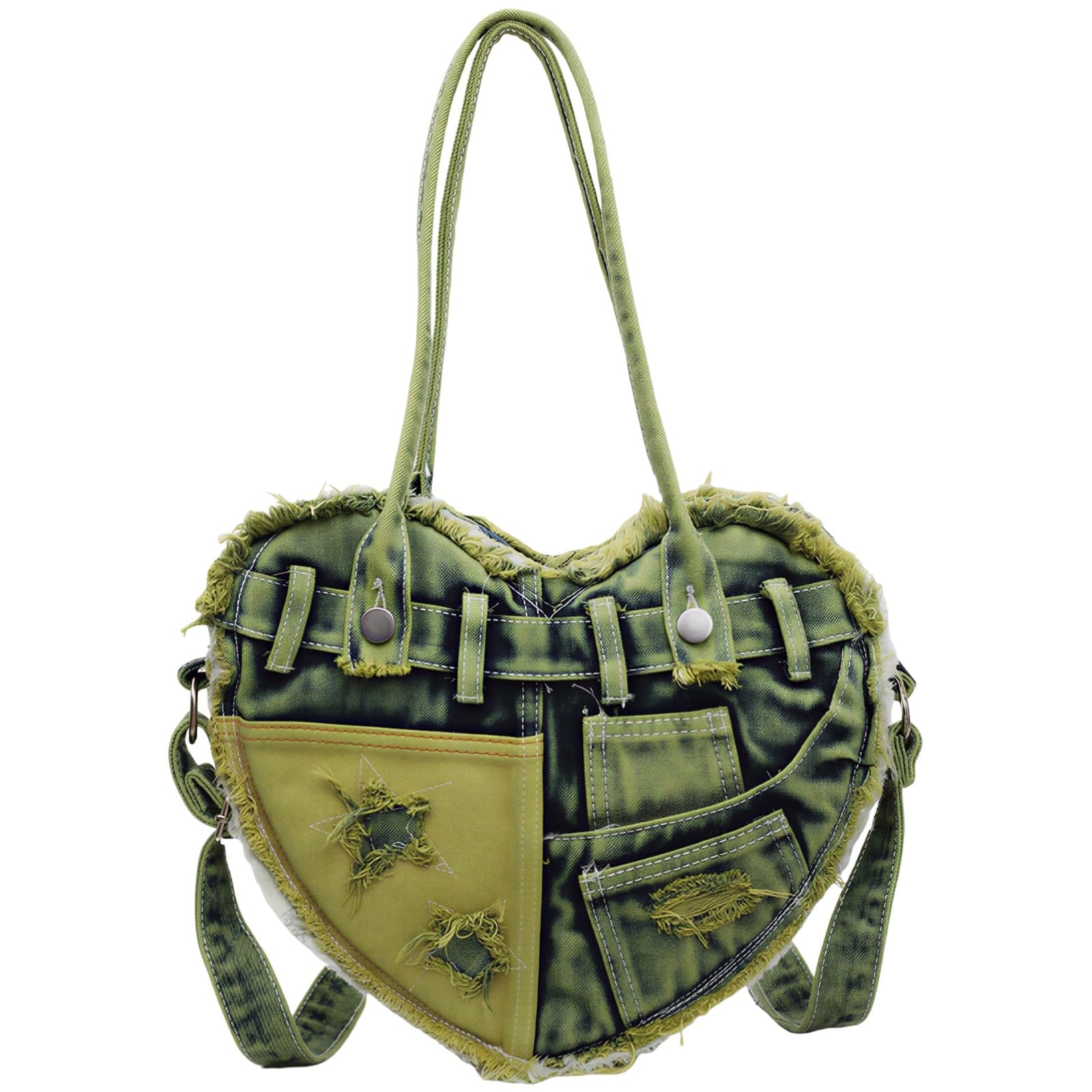 Borsa in denim a forma di cuore, borsa a tracolla sotto le ascelle verde retrò, borsa larga 32 cm, design alla moda con stile invecchiato e patchwork a blocchi di colore