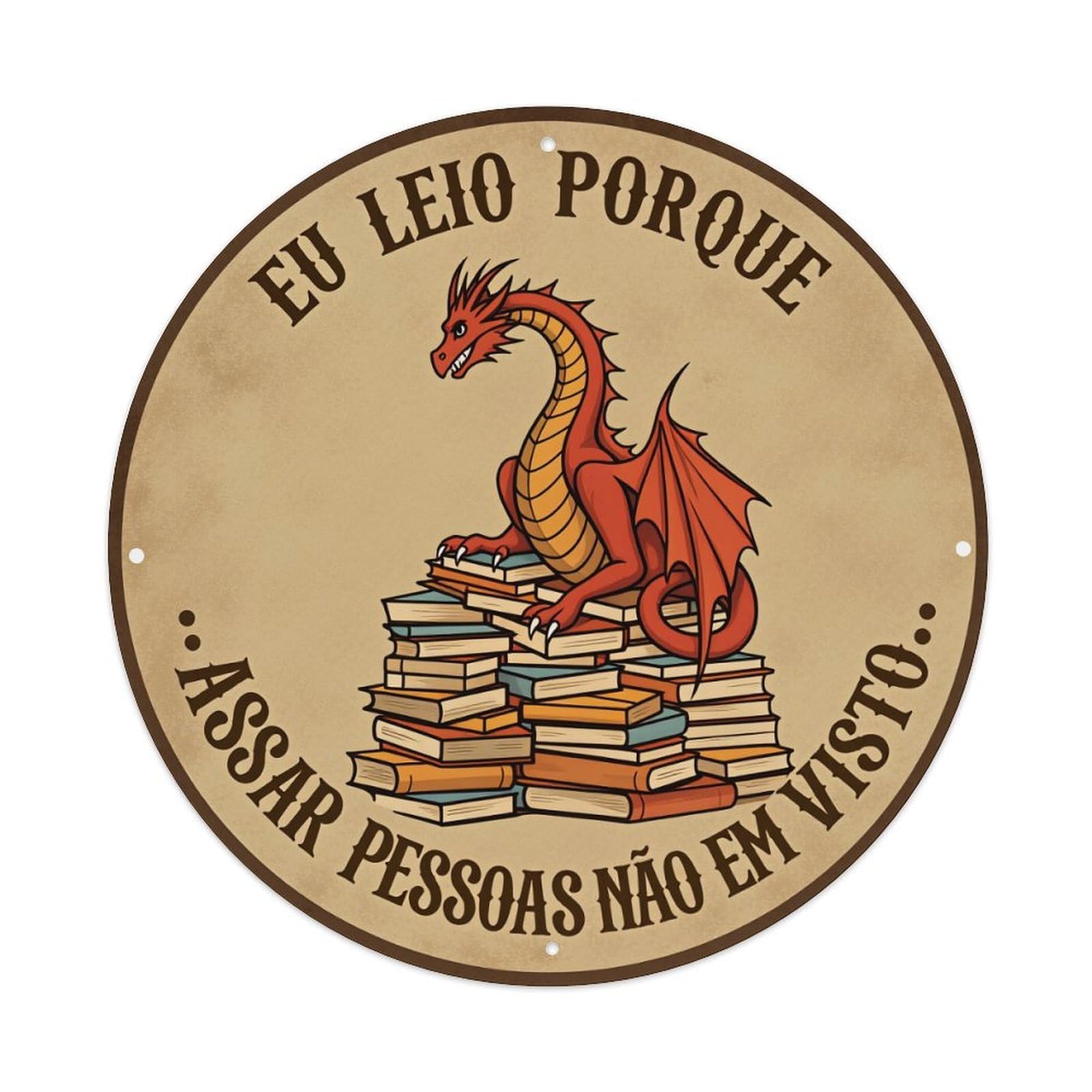 Dragon On Books Stack Round Tin Sign Vintage Style Metal Sign Home Bar Garden Wall Plaque Decor Metal Poster 8x8 Inch