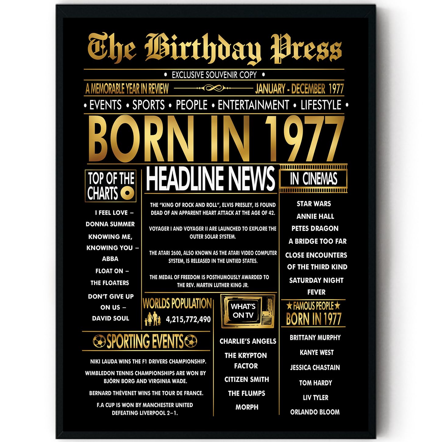 Stuff4 Gold 49th Birthday Poster Framed - Golden Born In 1977 Newspaper - Happy 49 Birthday for Men Women Retro Vintage Gifts Back In 1977, 8x10 Inch Bday Party Decor Decoration