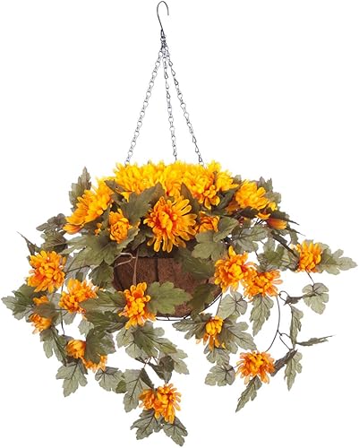 OakRidge Cesta colgante de mamá artificial totalmente montada, color dorado, 10 pulgadas de diámetro con cadena de 18 pulgadas de largo, flores de