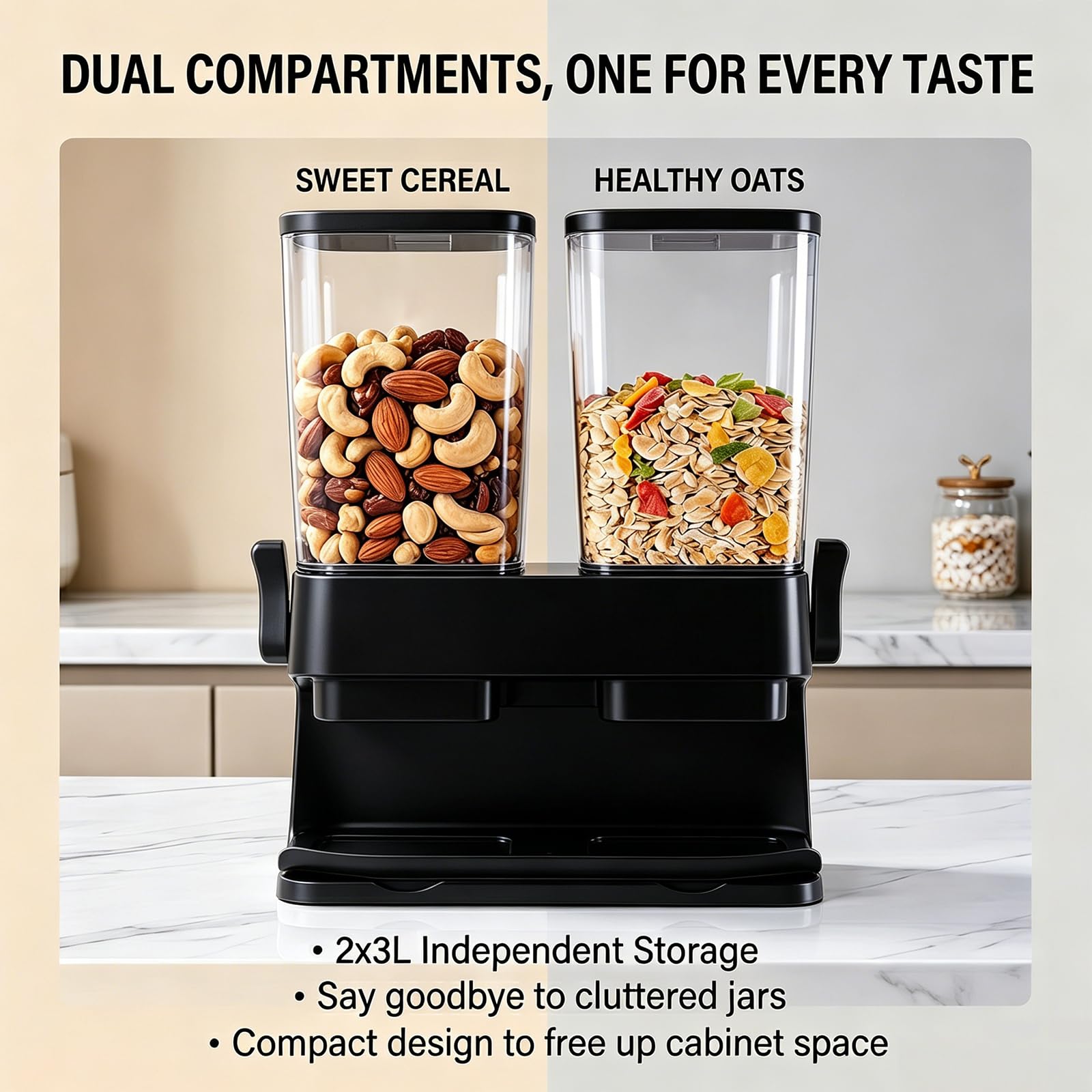 Müslispender 2er Set 3l Luftdichter Cornflakes Spender Behälter Große Kapazität Automatic Rice Storage Geeignet Klare Frischhaltedosen mit Deckel für Müsli Snacks Cereal Dispenser (Schwarz)