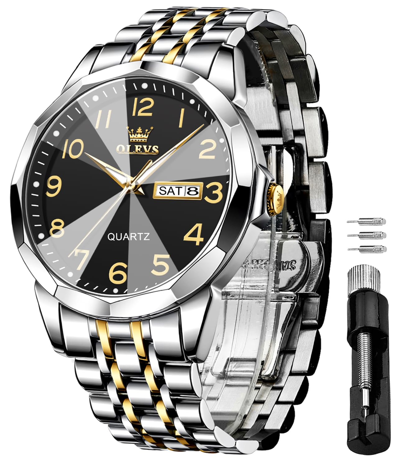 OLEVS Watch for Men Luxury Dress Analog Quartz Stainless Steel Waterproof Luminous Date Diamond Business Two Tone Casual Wrist Watch
