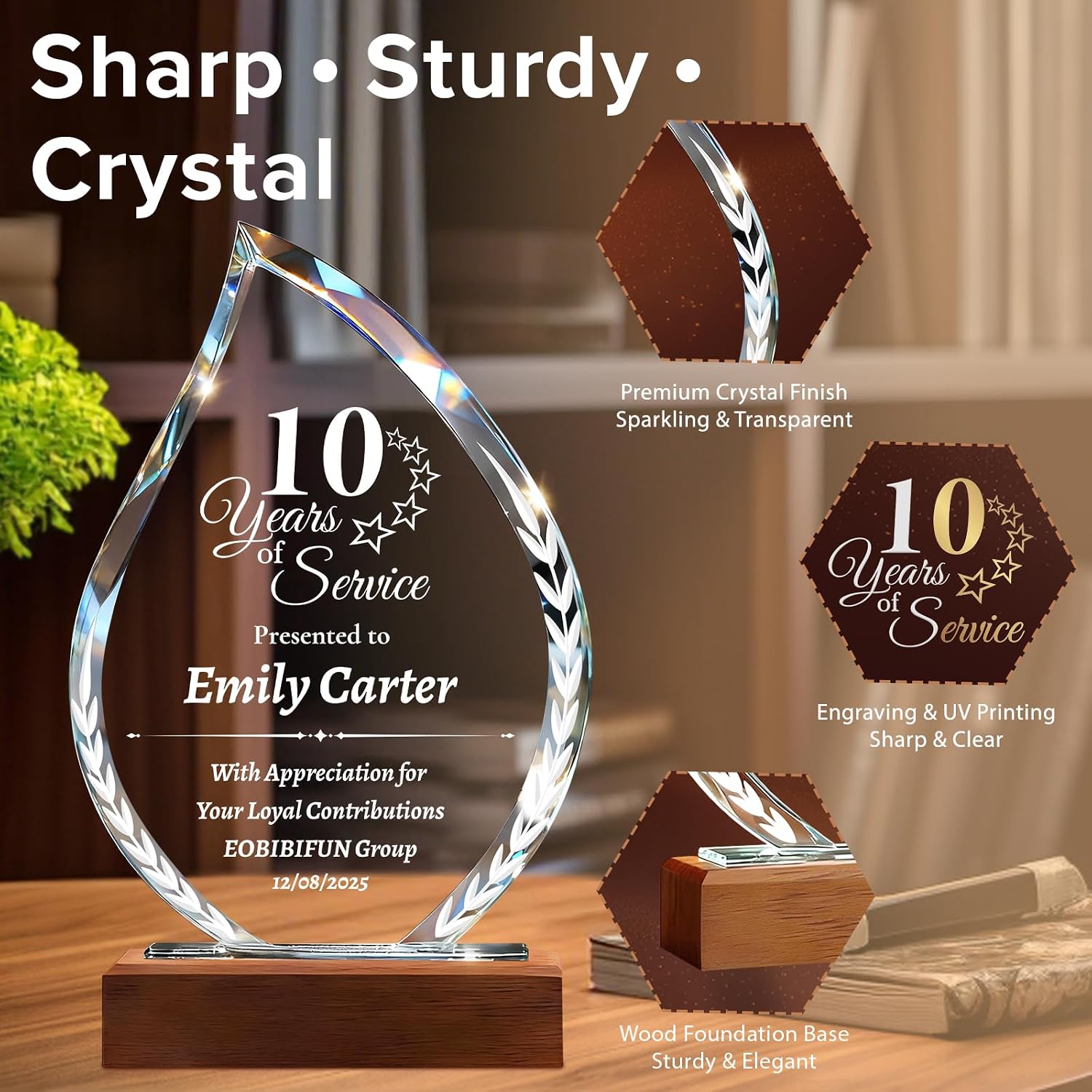 Custom Trophy Engraved with Text Logo, 9.25" Crystal Trophy Award with Wood Base, Personalized Plaque for Corporate Sports Awards, Employee Appreciation Gifts, Retirement Work
