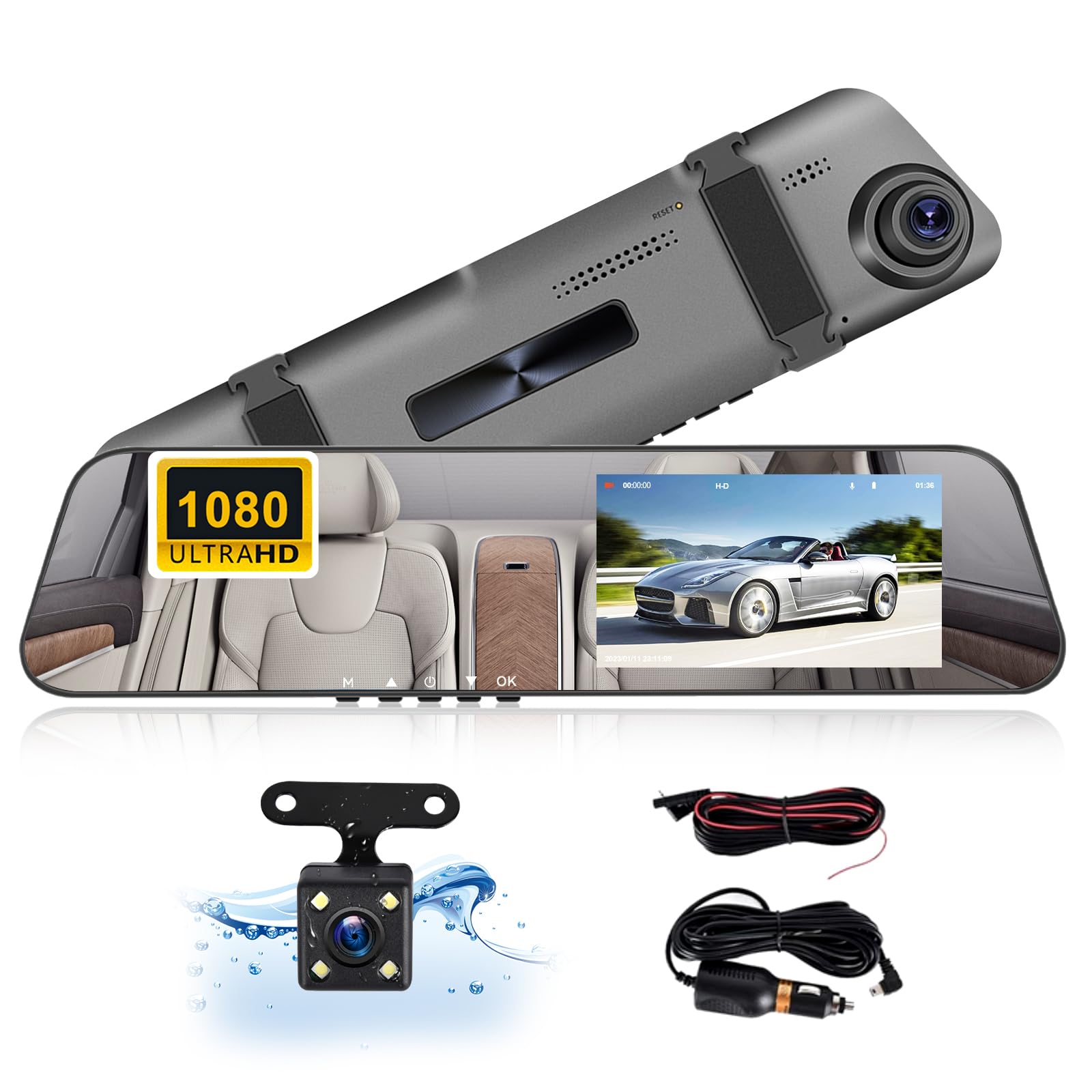 Mirror Dash Cam Front and Rear 4.5 Inch 1080P HD Screen Dual Dash Cam Rear View Camera Car RearView Mirror Loop Recording Wide Angle Parking Assistance with Motion Detection