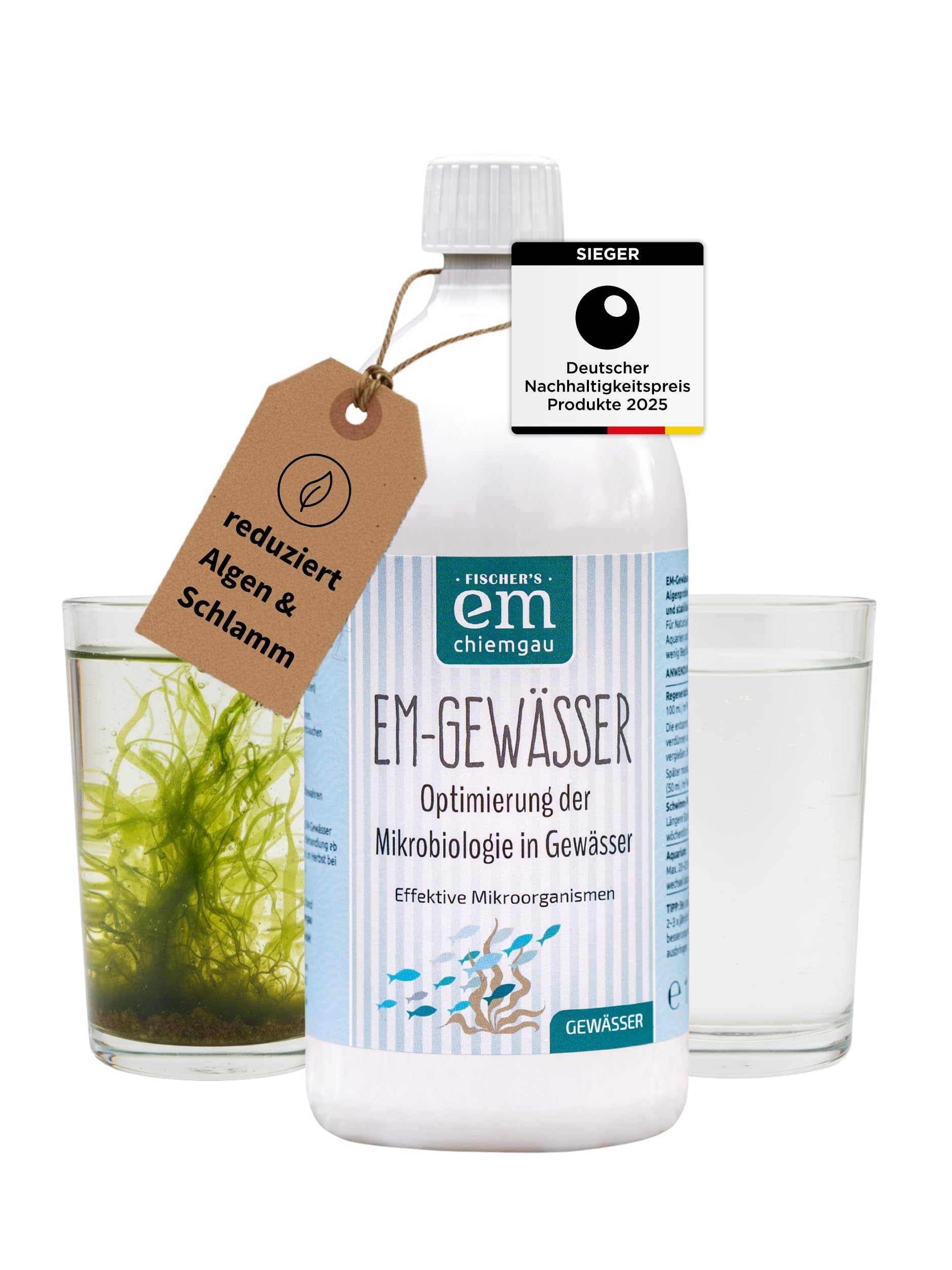 EM-Chiemgau EM Wasseraufbereiter [Effektive Mikroorganismen] für klares Wasser, Gegen Algen/Phosphat/Schwermetalle/Schlamm, optimale Mikrobiologie in Teich, Aquarien, Pools & Gewässer (1 L)