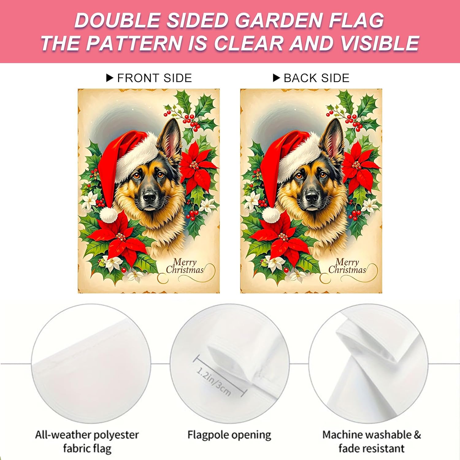 Merry Christmas Garden Flag 12x18 Inch Christmas Dog Double Sided Yard Flag Holiday with German Shepherd Santa Hat Holly Leaves and Poinsettia Design for Winter Porch Lawn Decor - Image 4