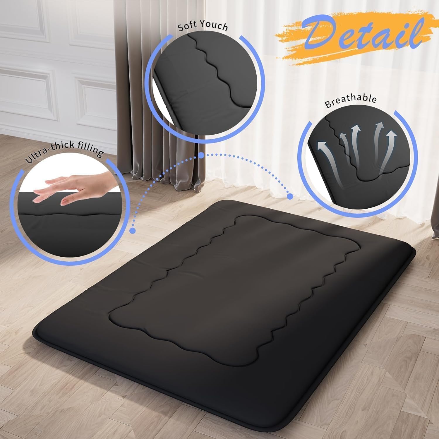 Kiseely Matelas futon Portable Pliable, Matelas Tatami Pliable Japonais, de Couchage Portable pour dortoir avec Sac et Sangle, Matelas de Sol, de Camping Enroulable (Noir HY1, 120X200cm)