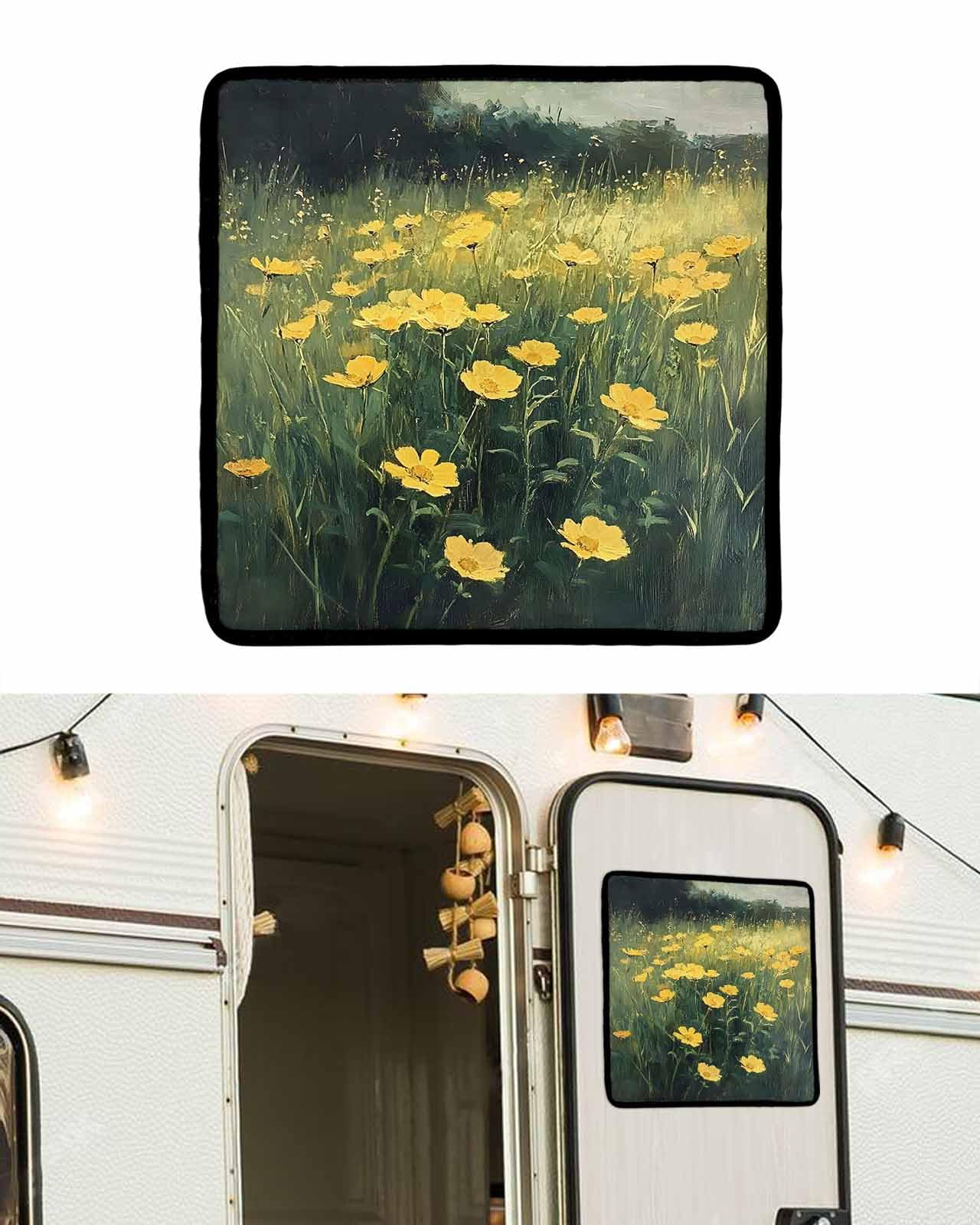 LEOKOTI RV Door Window Shade, Yellow Spring Floral Blackout RV Window Shades Foldable, Modern Oil Painting Pastoral Botanical Privacy Insulation Car Covers 16
