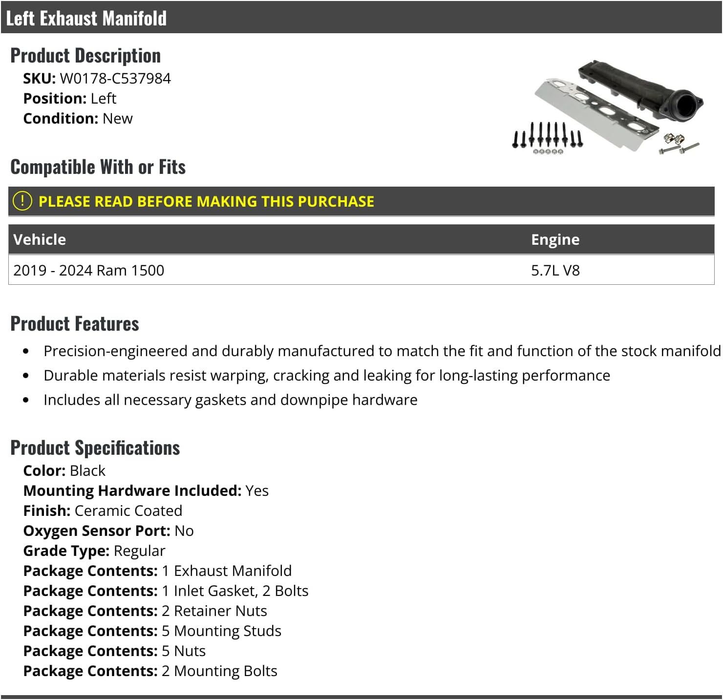 Left Driver Side Exhaust Manifold - Compatible with 2019-2024 Ram 1500 5.7L V8