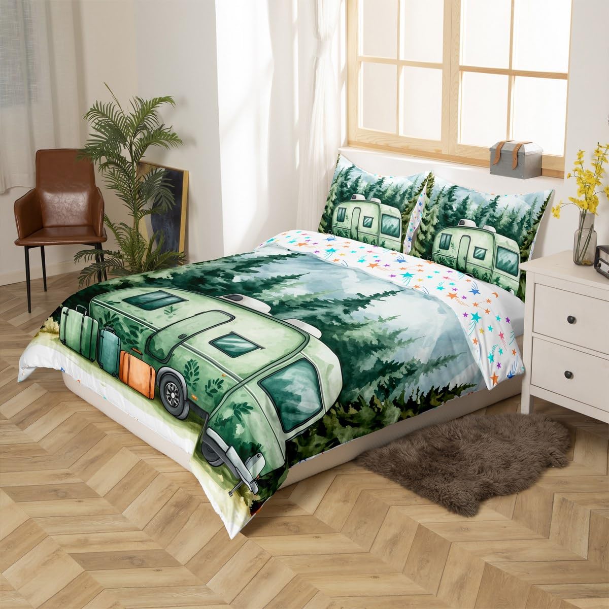 Homewish Podróżna poszewka na kołdrę do kampera King dla dzieci nastolatków dorosłych, zestaw pościeli dla miłośników biwakowania, sztuka atramentu sosny poszewka na kołdrę, zestaw górskich łóżek z 2