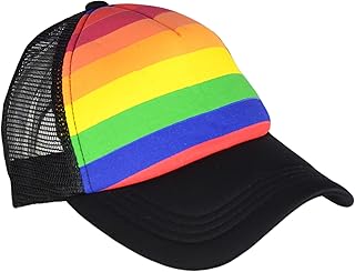 Rainbow Stripes Snapback Hat, LGBT Pride Bright Mesh Trucker Baseball Cap (Black)