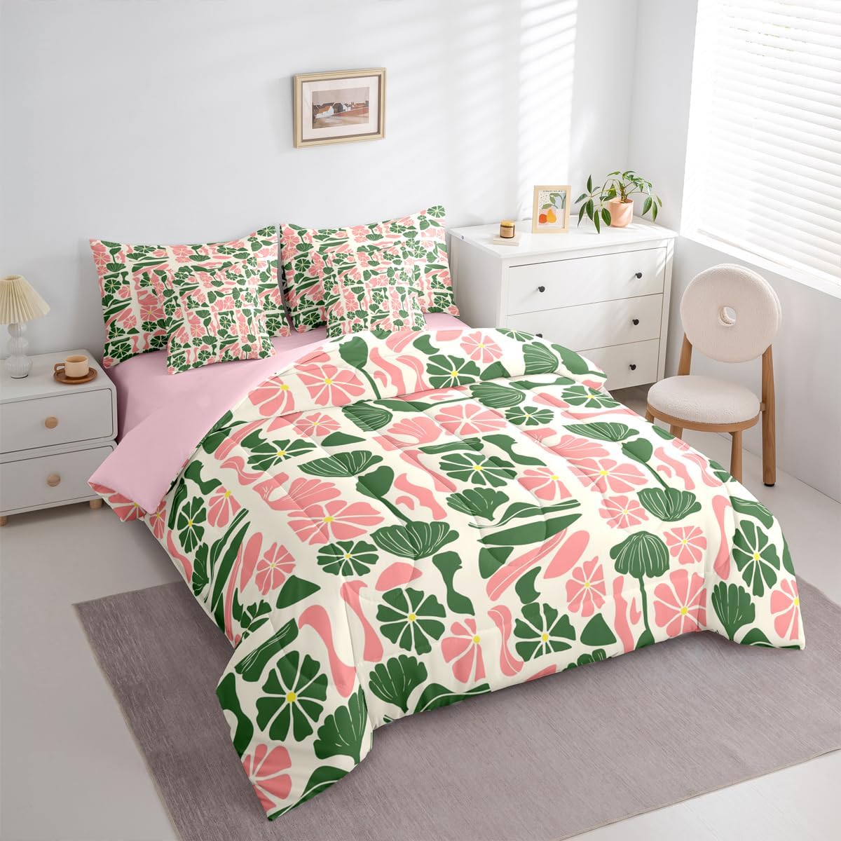 Erosebridal Mid Century Boho 7 Pcs Bedding Set Cute Green Pink Floral Plant Patchwork Queen Comforter Set with Sheets Modern Abstract Geometric Bed in A Bag Vintage Aesthetic Sheet Set with Comforter