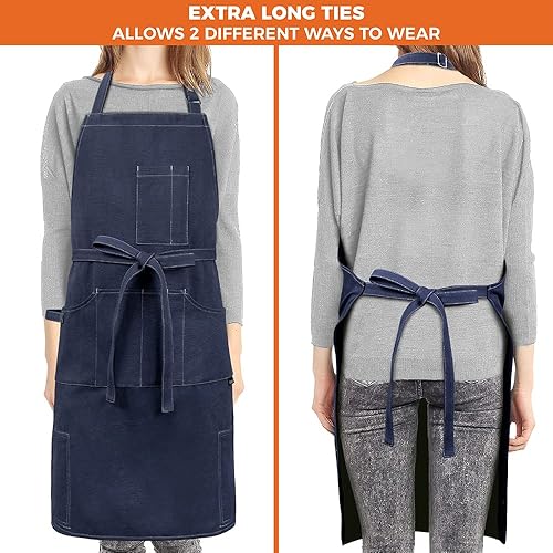 Miniatura 3 de opux Delantal de chef para hombres, delantal de cocina con bolsillos para mujer, delantal grande de lona unisex para cocinar, asar a la parrilla,
