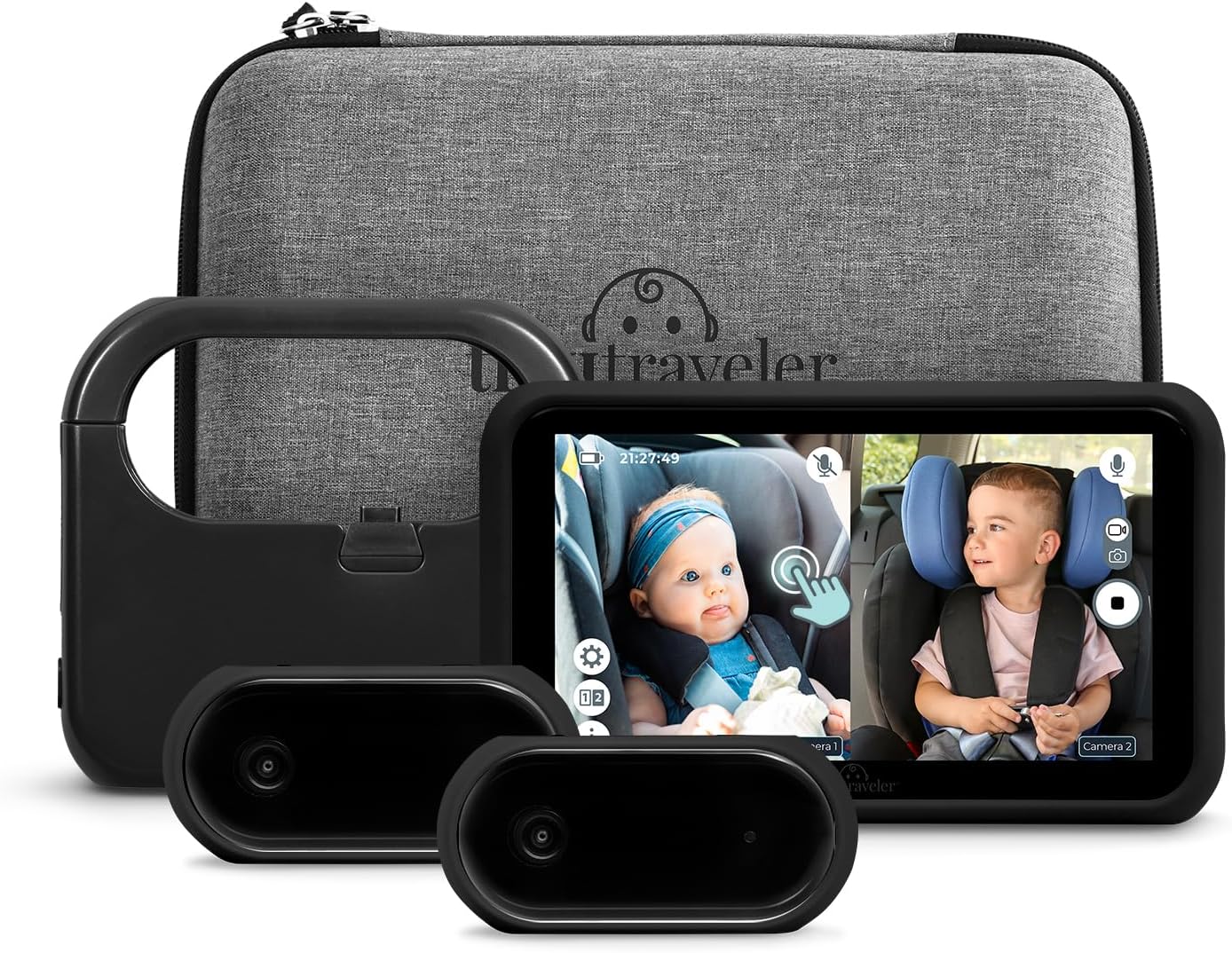 Tiny Traveler Baby Car Camera for 2 Kids, Touch Screen Monitor with Power Bank, Rear-Facing Night Vision Alert - Black