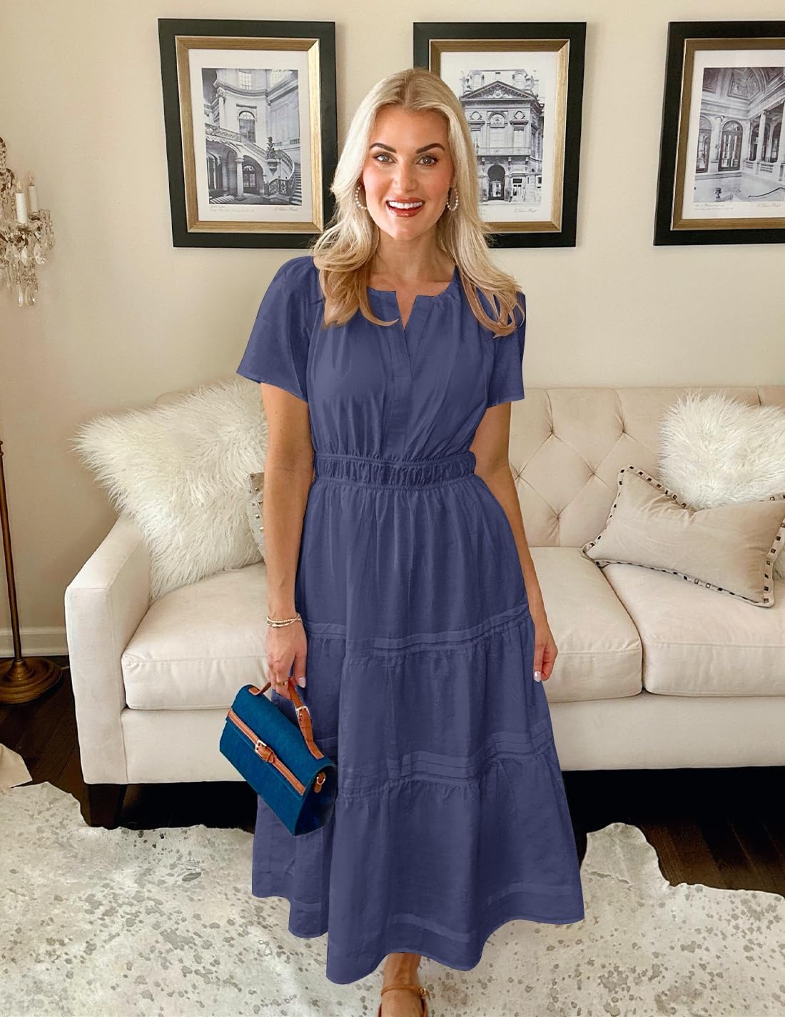 ZESICA Women's Summer Casual Short Sleeve Midi Dresses 2026 V Neck Elastic Waist Tiered Flowy Boho Dress with Pocket - Image 5