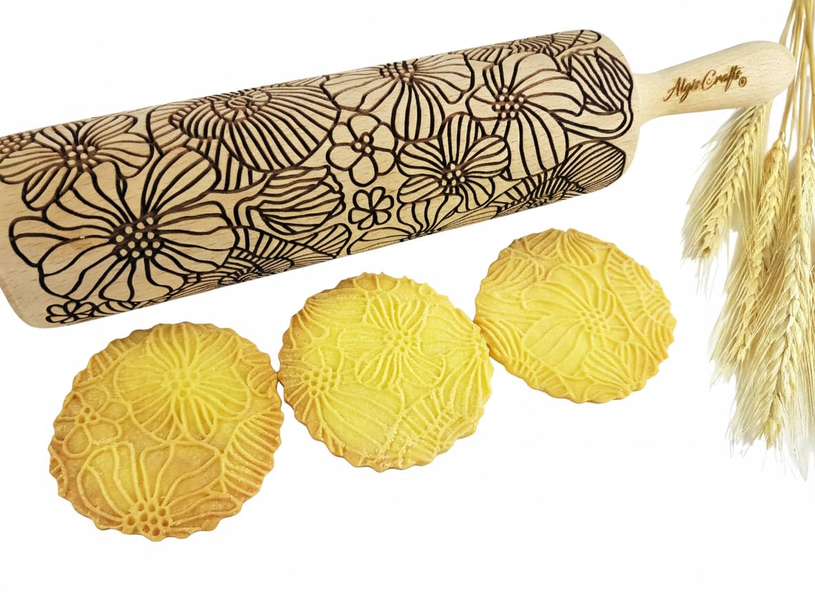 COQUELICOT Rouleau a Patisserie avec Motif Bois Grave, Rouleau à Pâtisserie Decoratif, Pour DIY Faire et la Décoration de Biscuits avec Embossage par Algis Crafts