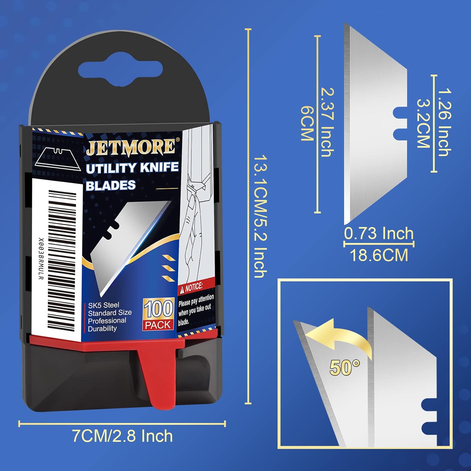 JETMORE 100 Pack Utility Knife Blades, Box Cutter Blades with Dispenser, SK5 High Carbon Steel Heavy Duty Utility Knife Replacement Blades, Standard Size Sharp Blade for Most Box Cutter