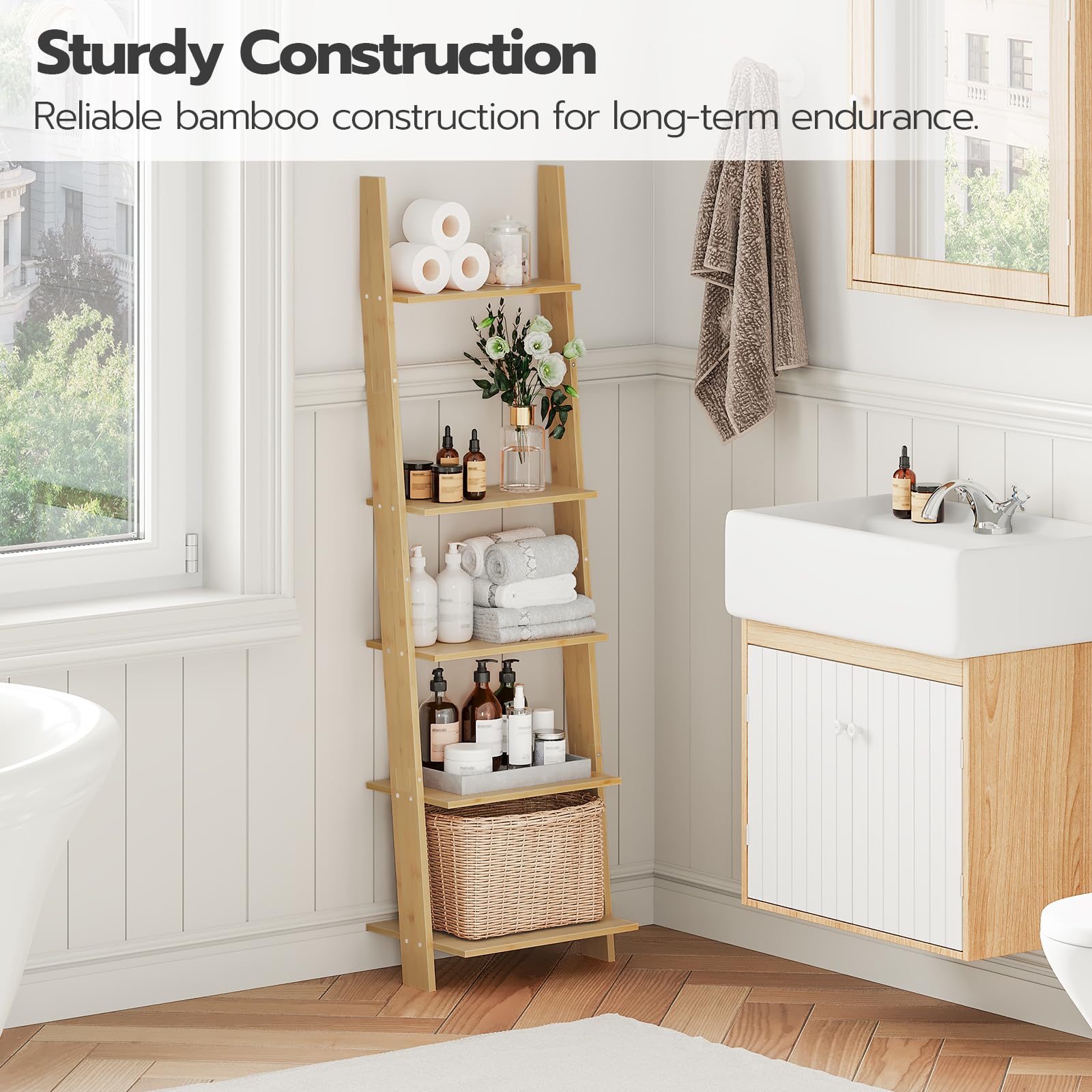 HOOBRO 5-Tier Ladder Bookshelf, Wall Leaning Ladder Shelf, 58.3" H, Decorative and Storage Shelves, Multifunctional Plant Stand, Living Room, Bathroom, Bedroom, Natural YL56CJ01