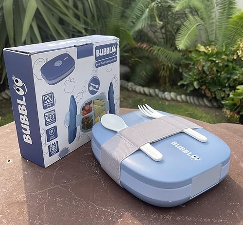 Miniatura 2 de BUBBLOO Caja Bento para niños con cubiertos 3 compartimentos ideales para porciones Bandeja de plástico extraíble sin BPA Fiambrera para niños a