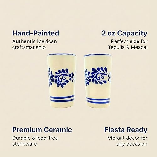 Miniatura 5 de Casa Fiesta Designs Vasos de chupito mexicanos, pintados a mano en México - Ideal para tequila, mezcal y sangrita, juego de 2 onzas - Tequilero