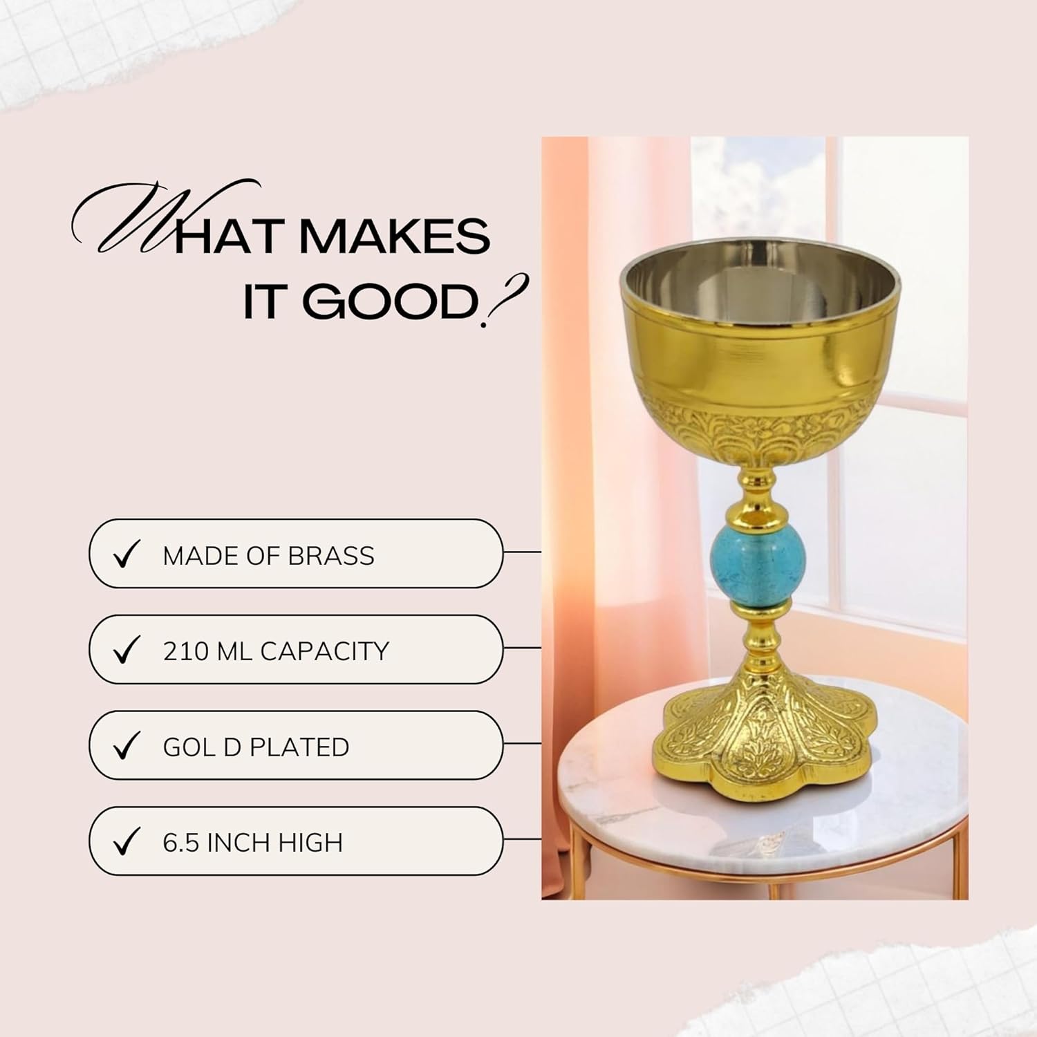 REPLICARTZ Brass Gold-Plated Chalice Goblet with Blue Orb – 6.5" Handmade Communion Cup for Mass, Holy Grail Theme, Medieval Religious Wine Goblet, 210 ml With Velvet Box
